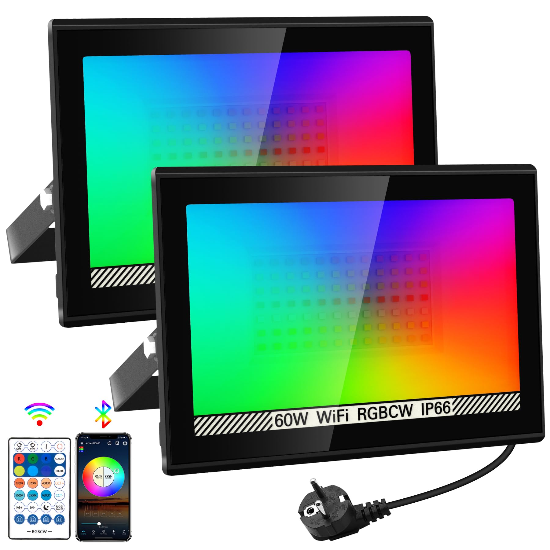 Natpow Faretto LED Esterno 60W con Telecomando, 2 pezzi