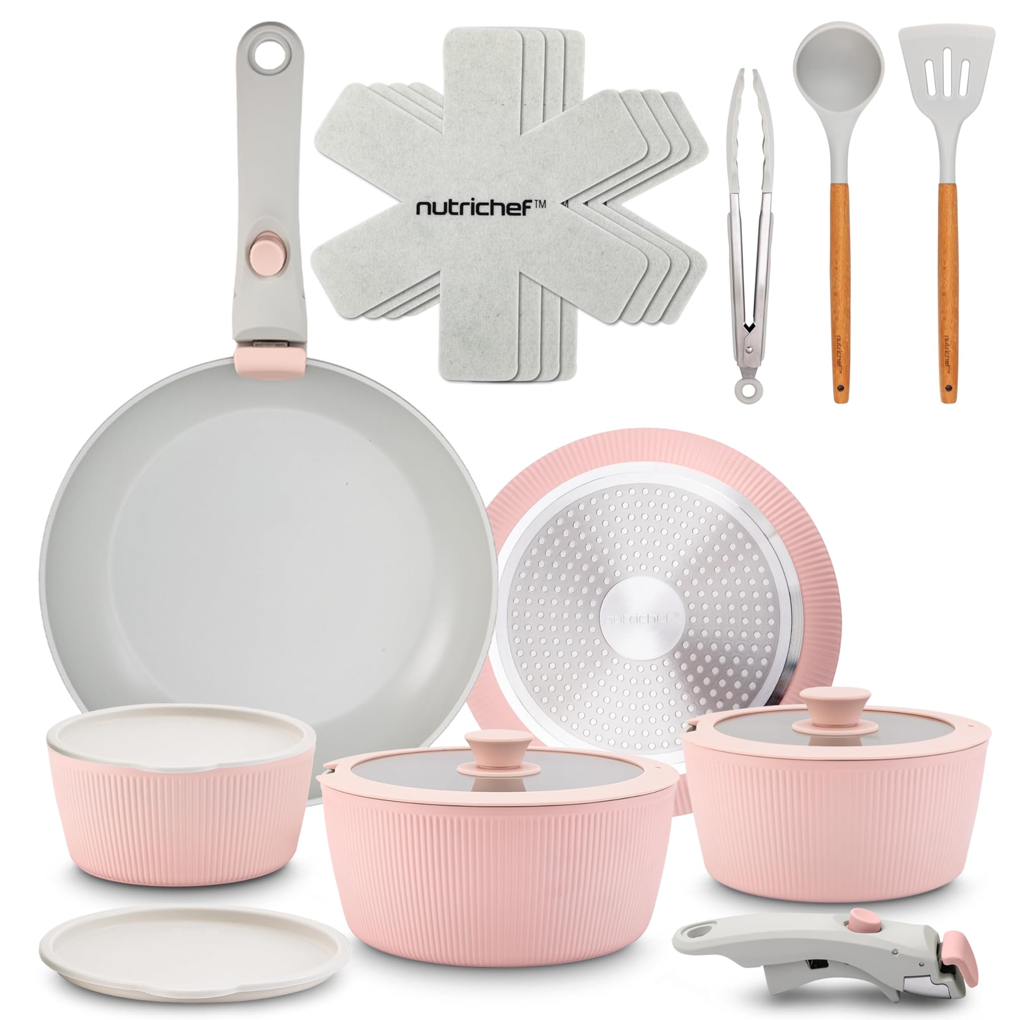 Nutrichef Set Pentole e Padelle Ceramica 18 Pezzi, Rosa
