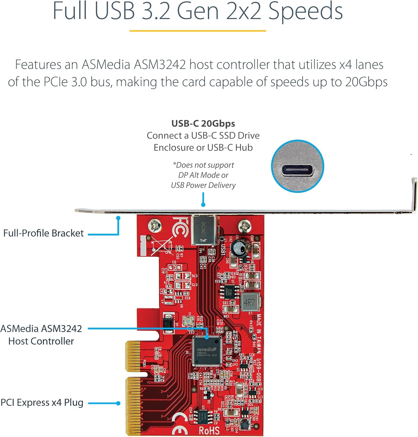 Startech.com Scheda PCIe USB 3.2 Gen 2x2 1 Porta USB-C - immagine 3