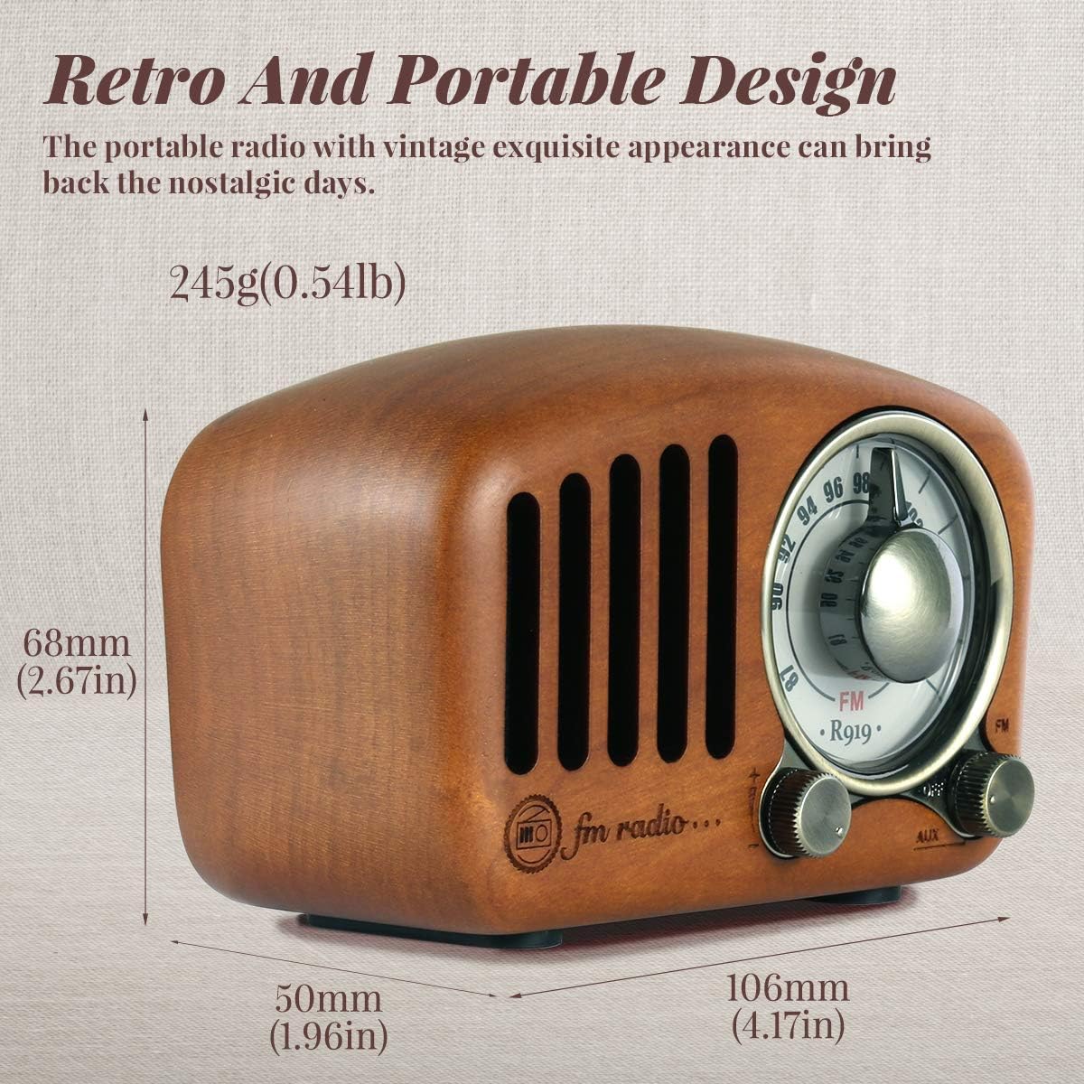 Prunus R-919 Radio Portatile FM Vintage Legno - immagine 2