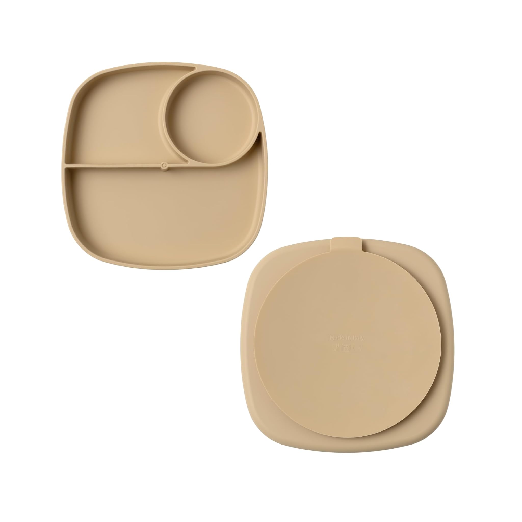 muchmellow - Piatto in Silicone MADE IN ITALY per Svezzamento con 3 Scomparti Divisori e Ventosa Anticaduta, Plastic Free, BPA Free, Lavabile Lavastoviglie (Beige)