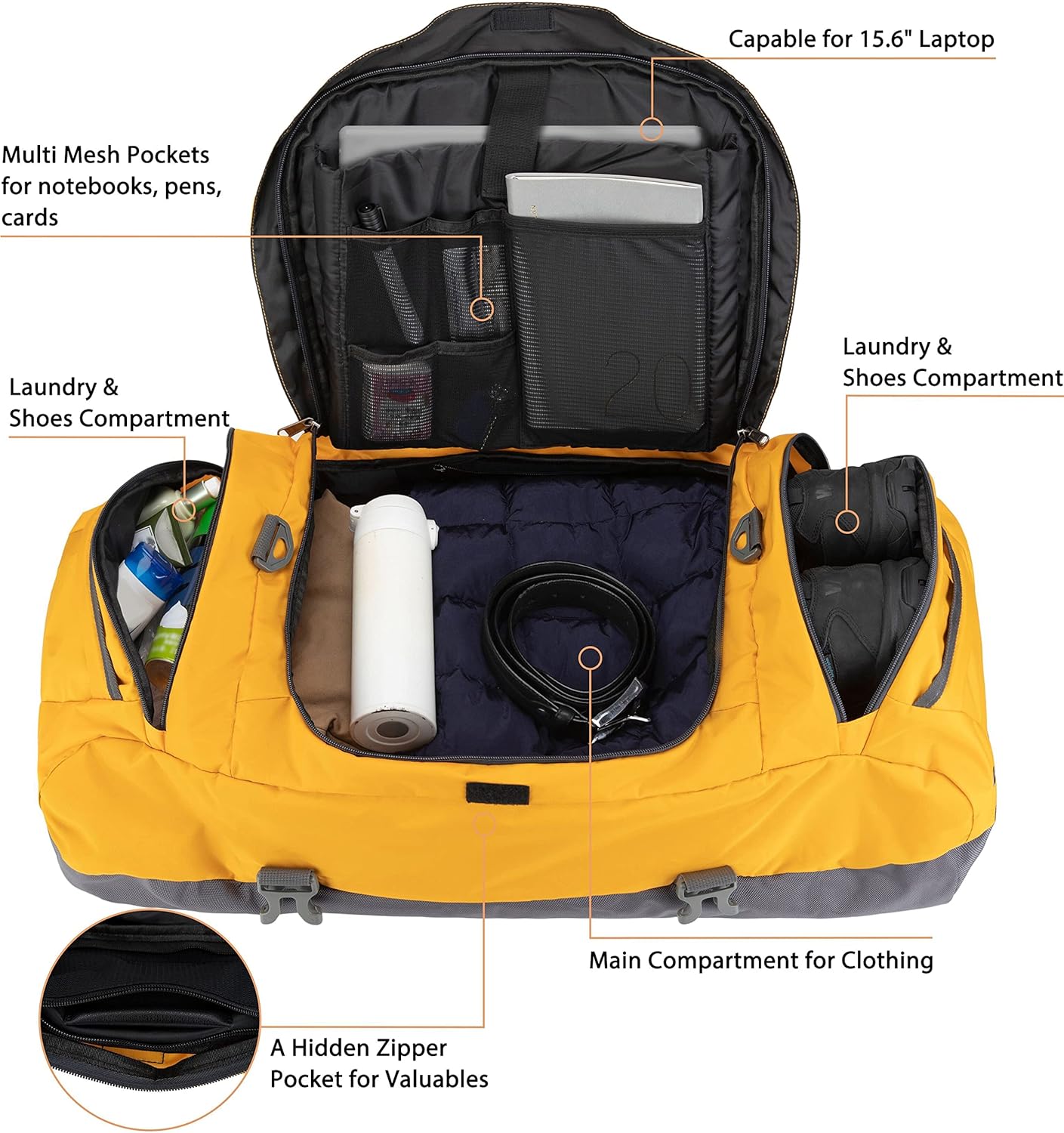 Ubon Borsone da Viaggio Grande 55L, Giallo - immagine 3