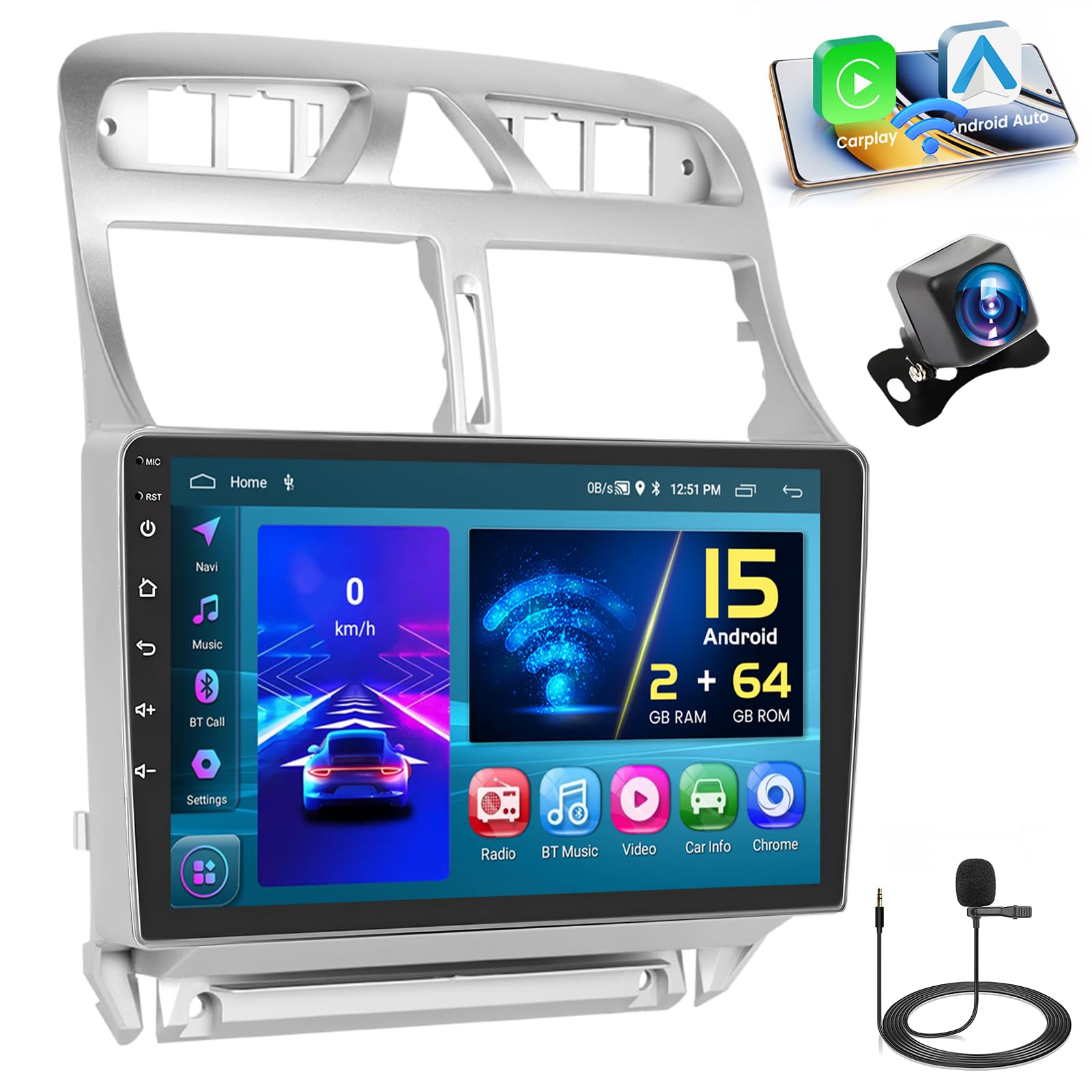 Hikity Android 15 Autoradio 9" per Peugeot 307 (2002-2013)