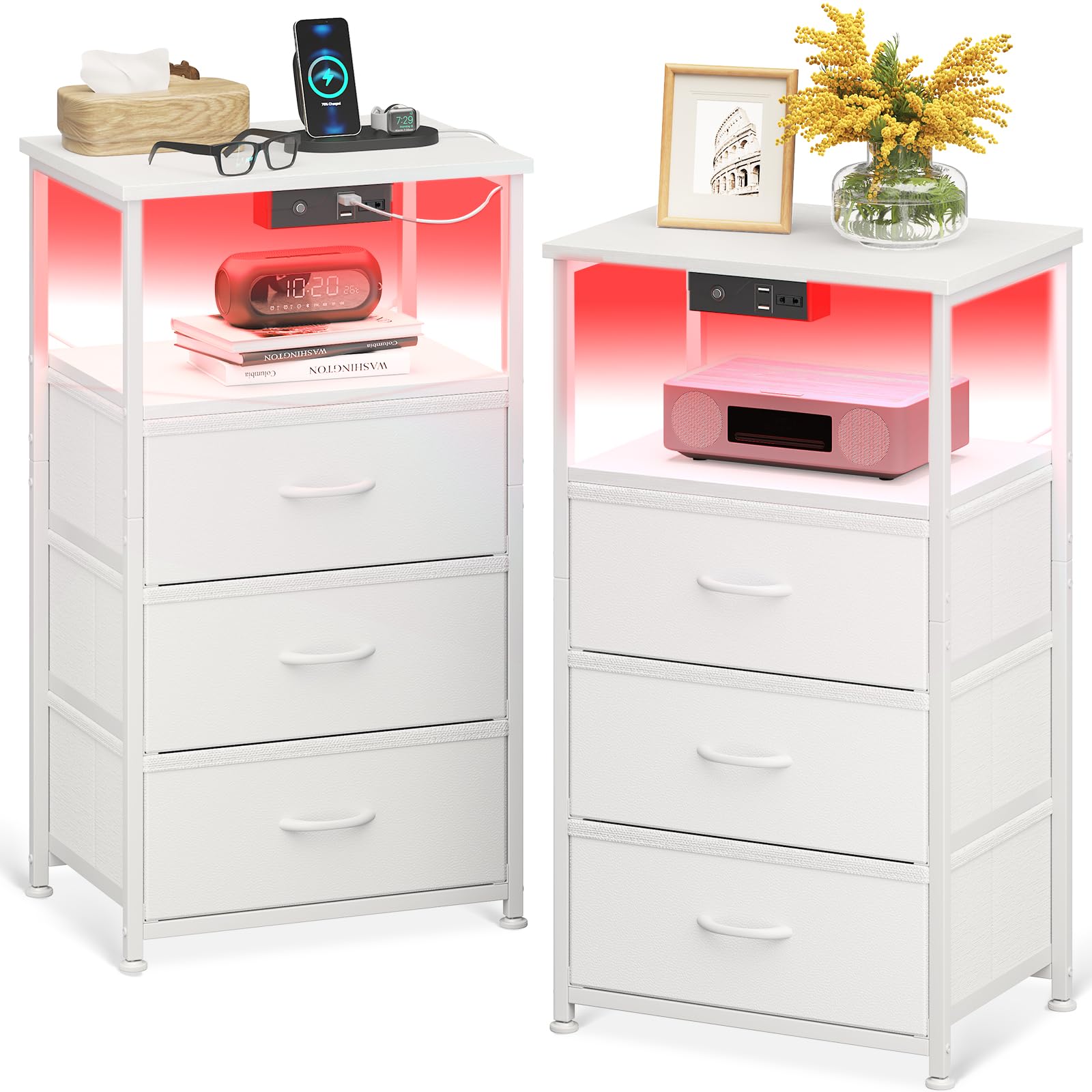 Coleshome Comodino con Presa e Luci USB/LED (2 Pezzi)