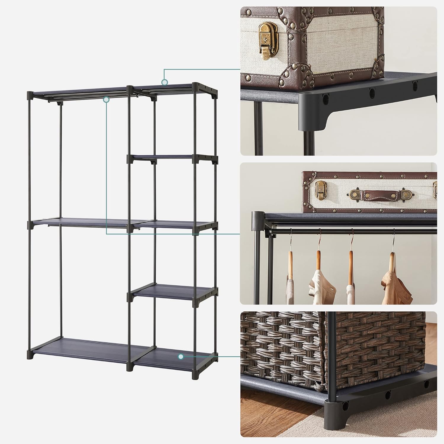 Songmics Armadio Portatile con Ripiani 112x43x165cm, Grigio - immagine 7