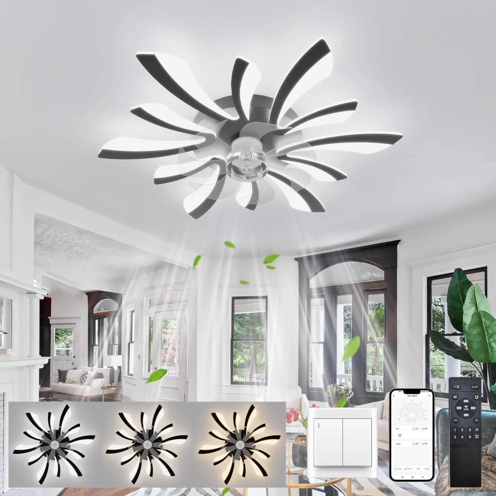 Ljx Lampadario con Ventilatore da Soffitto DC, Nero