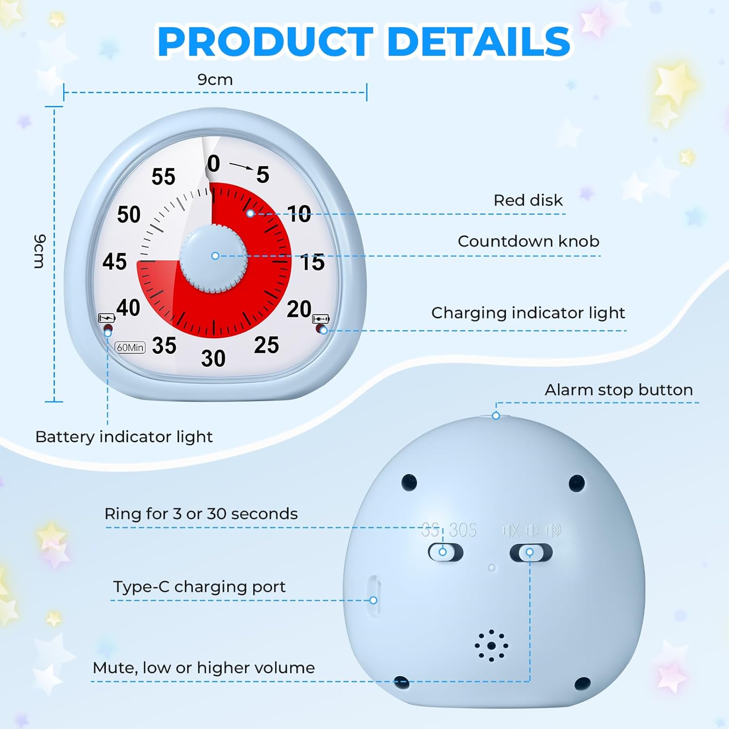 Diboniur Timer Visivo Bambini Ricaricabile, Blu - immagine 7