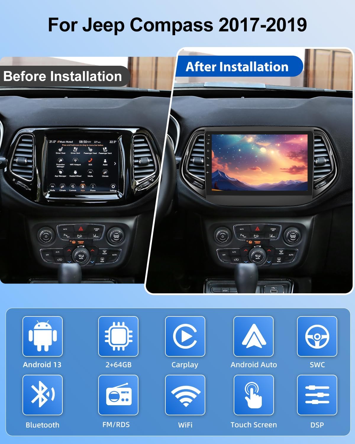 Nhopeew Autoradio 2+64G per Jeep Compass 2017-2021 - immagine 2