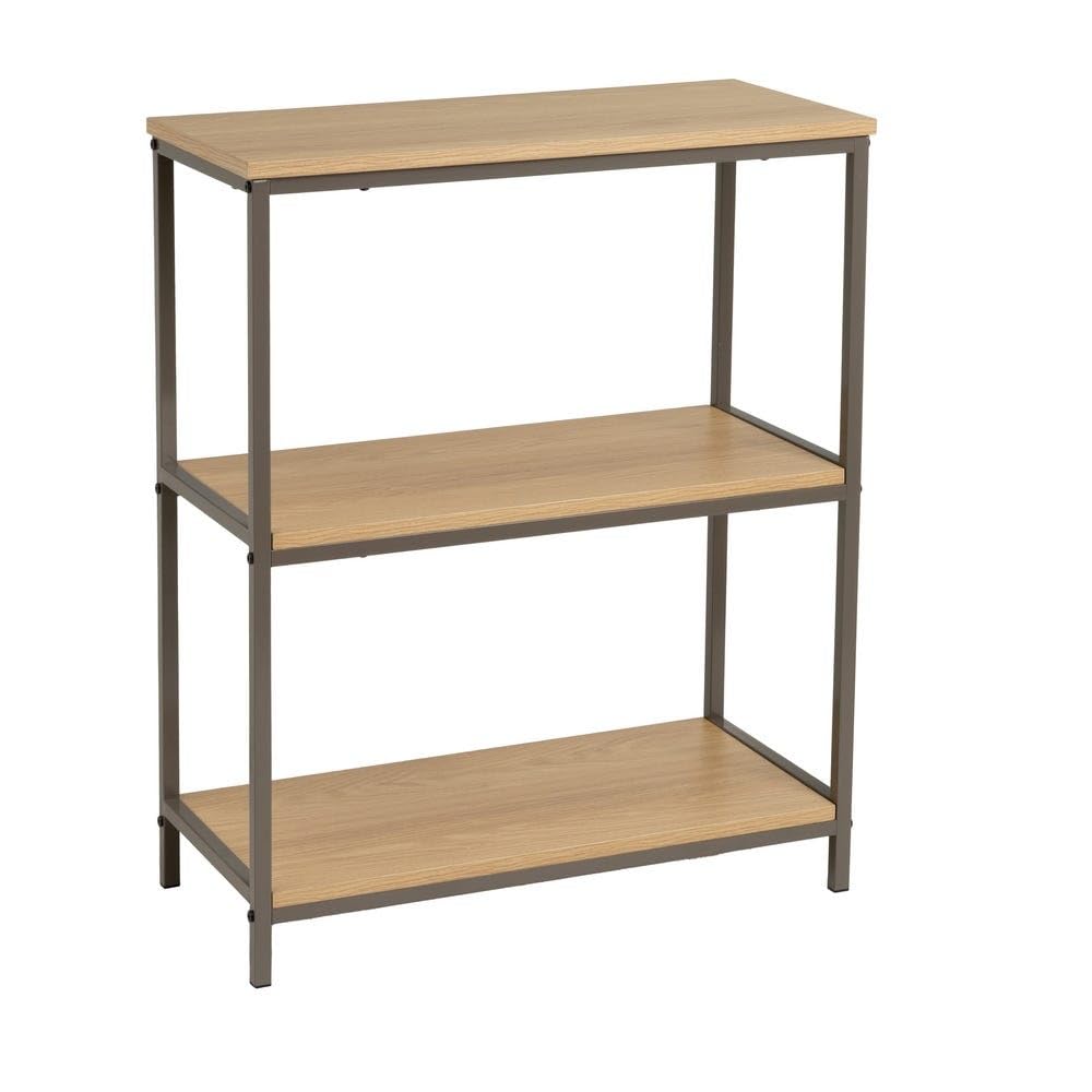 Scaffale da pavimento con 3 ripiani in PB e metallo in naturale e grigio