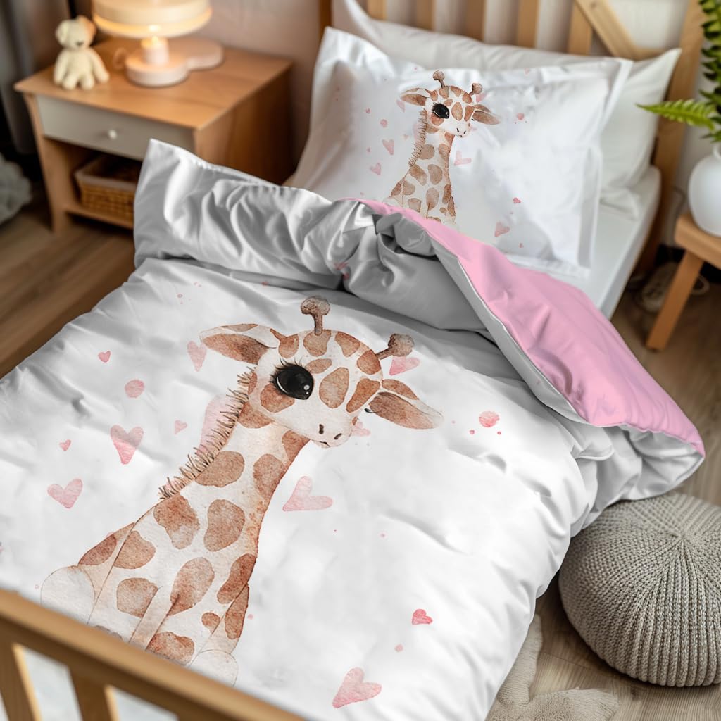 Parure Letto Bambina 100x135cm + Federa 40x60cm, Giraffa Rosa