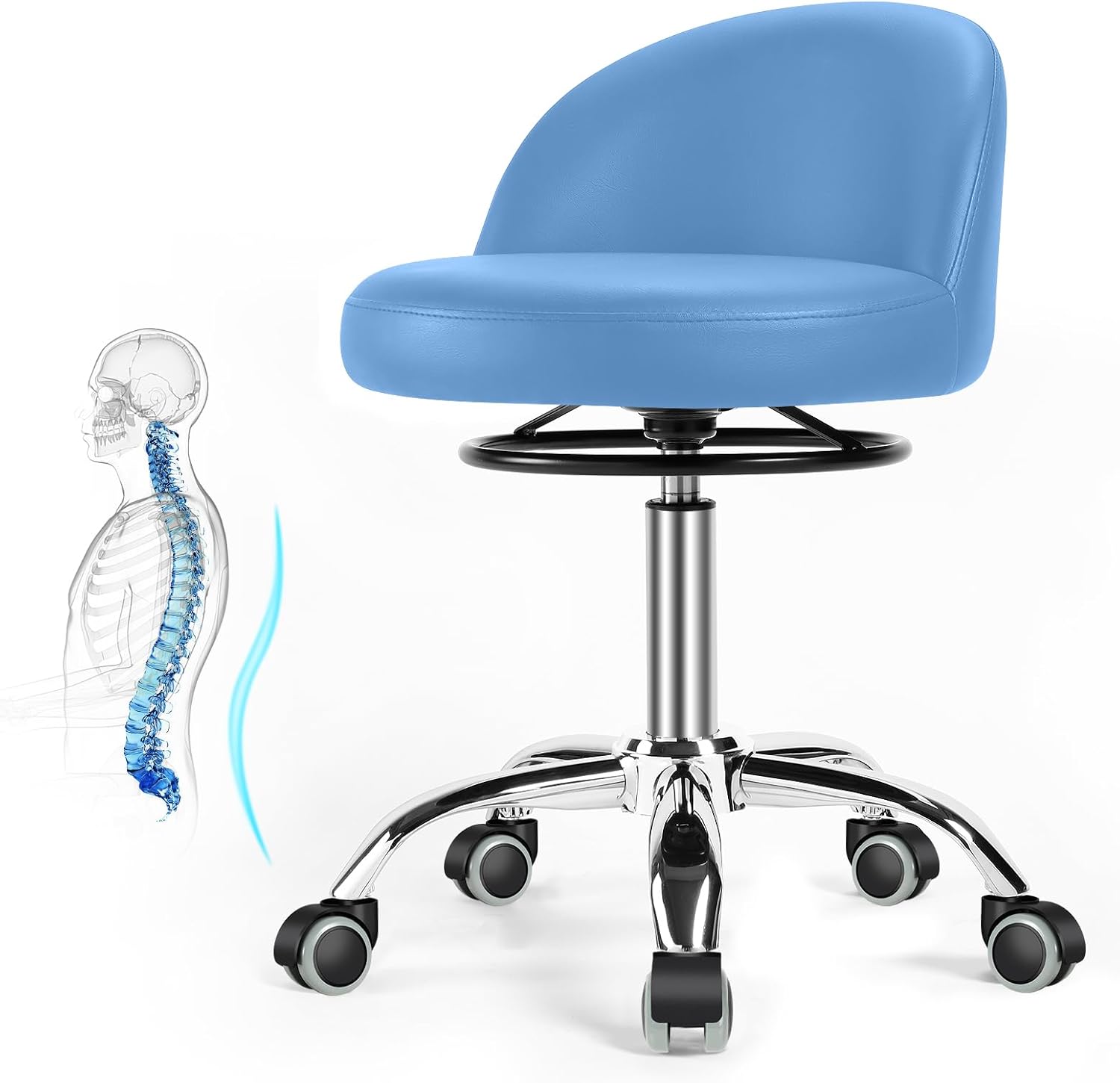 Sgabello Girevole con Ruote e Schienale, Blu - immagine 1