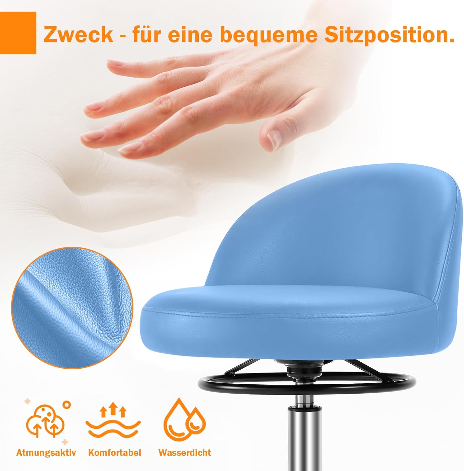 Sgabello Girevole con Ruote e Schienale, Blu - immagine 2