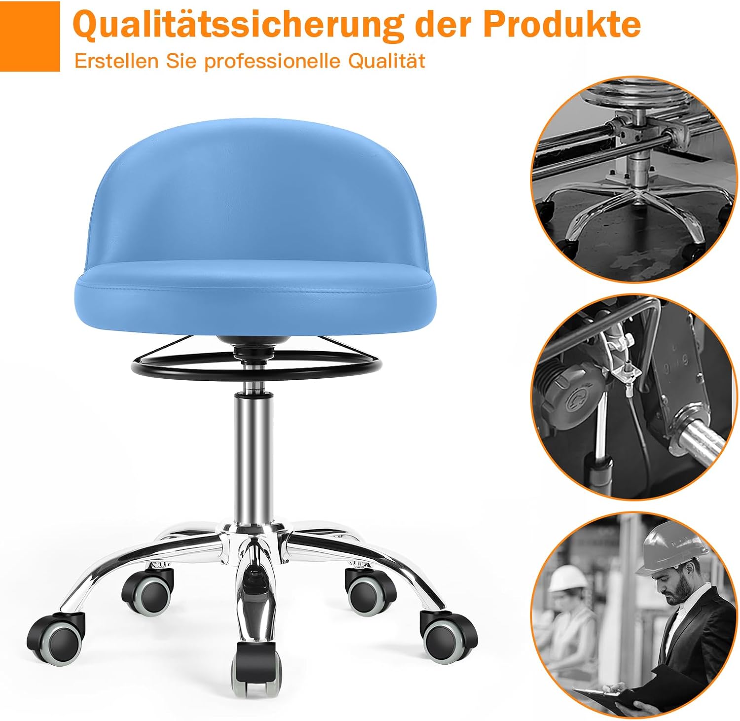 Sgabello Girevole con Ruote e Schienale, Blu - immagine 6