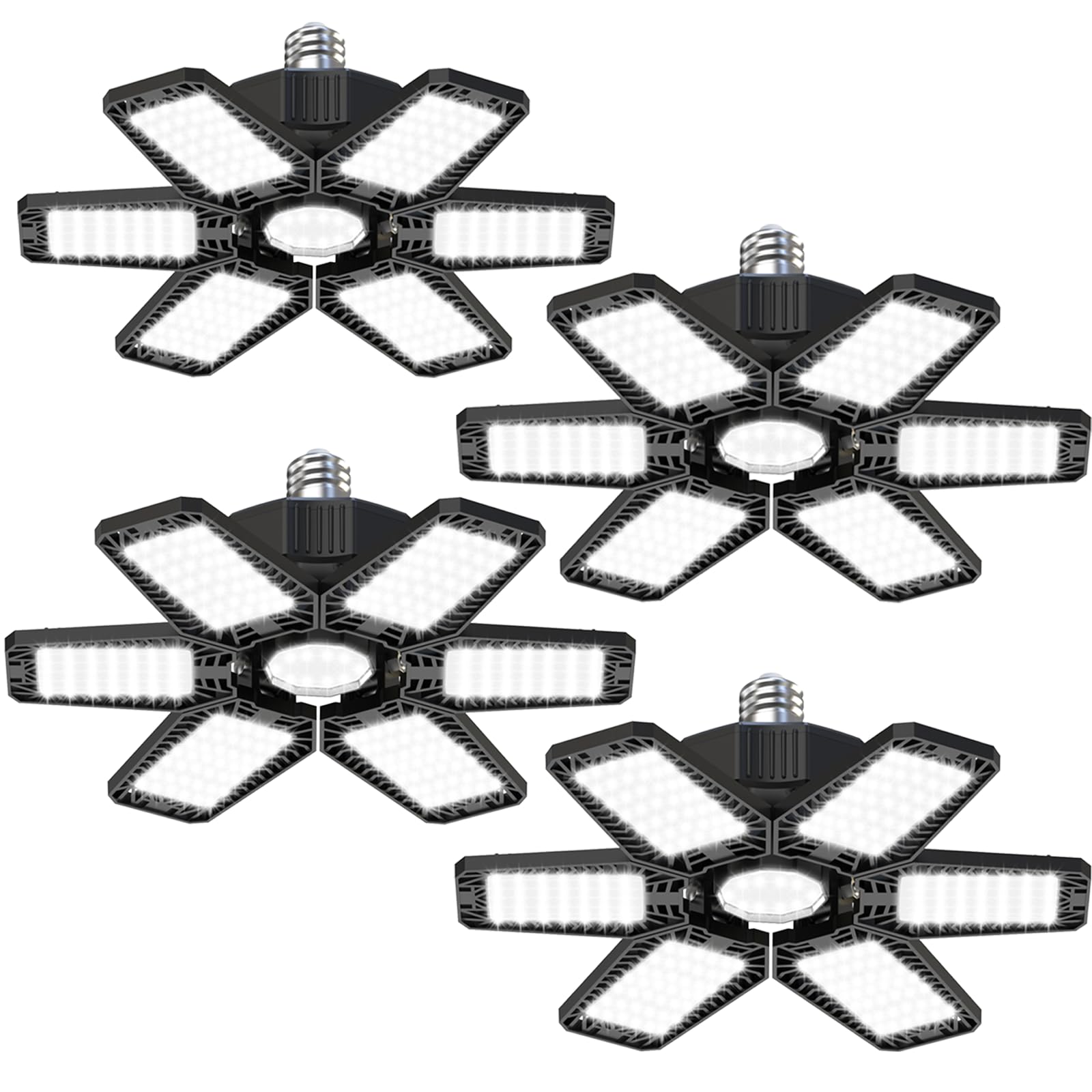 YIQIBRO Lampada da Garage 185W 4 Pezzi, 18500LM 6500K Plafoniera LED Garage Deformabile con 6+1 Pannelli Regolabili, E27/E26 Officina Plafoniera per Magazzino, Ufficio, Cantina, Palestra, Negozio