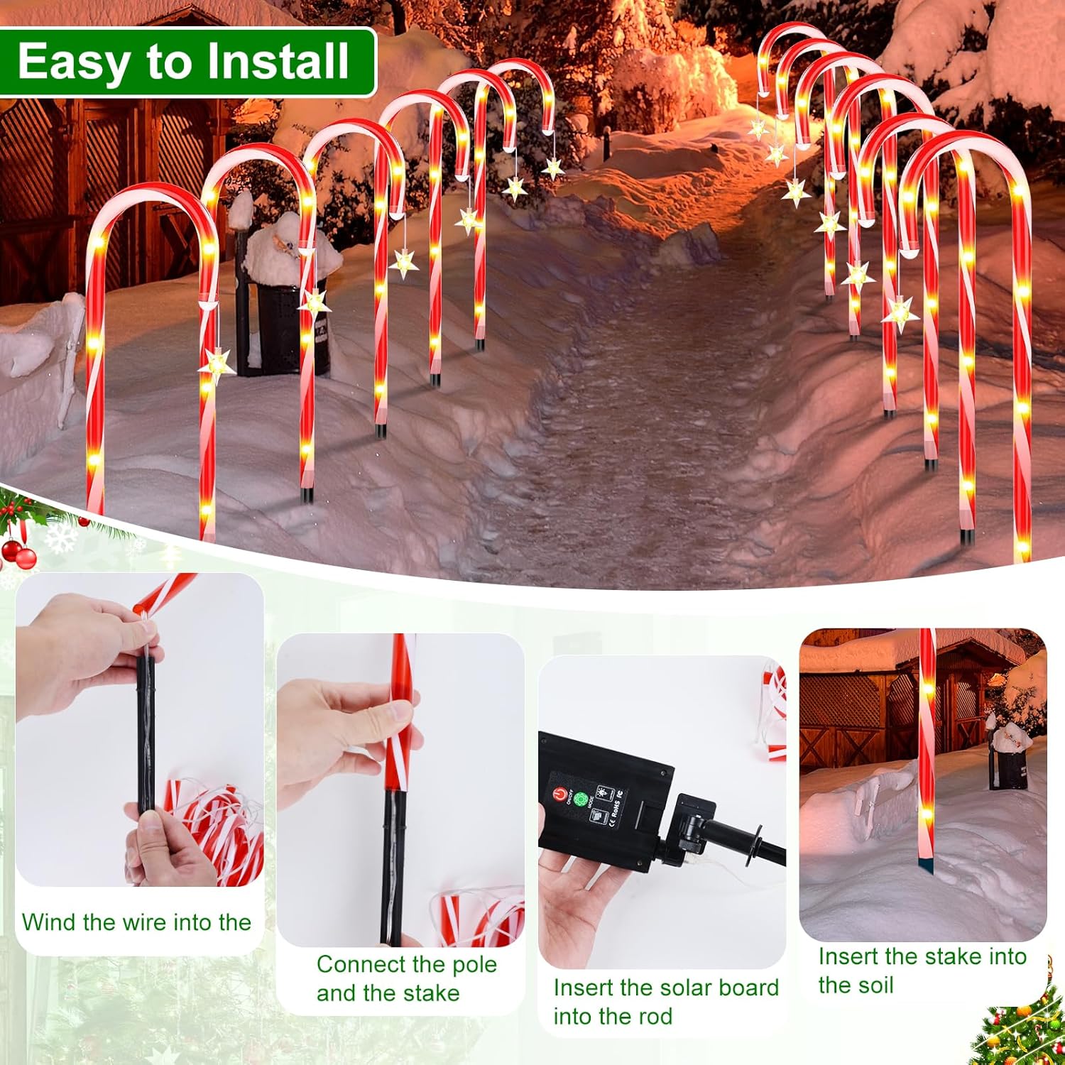 Luci di Natale Solare Esterno 12 pz 72 LED con Stella - immagine 4