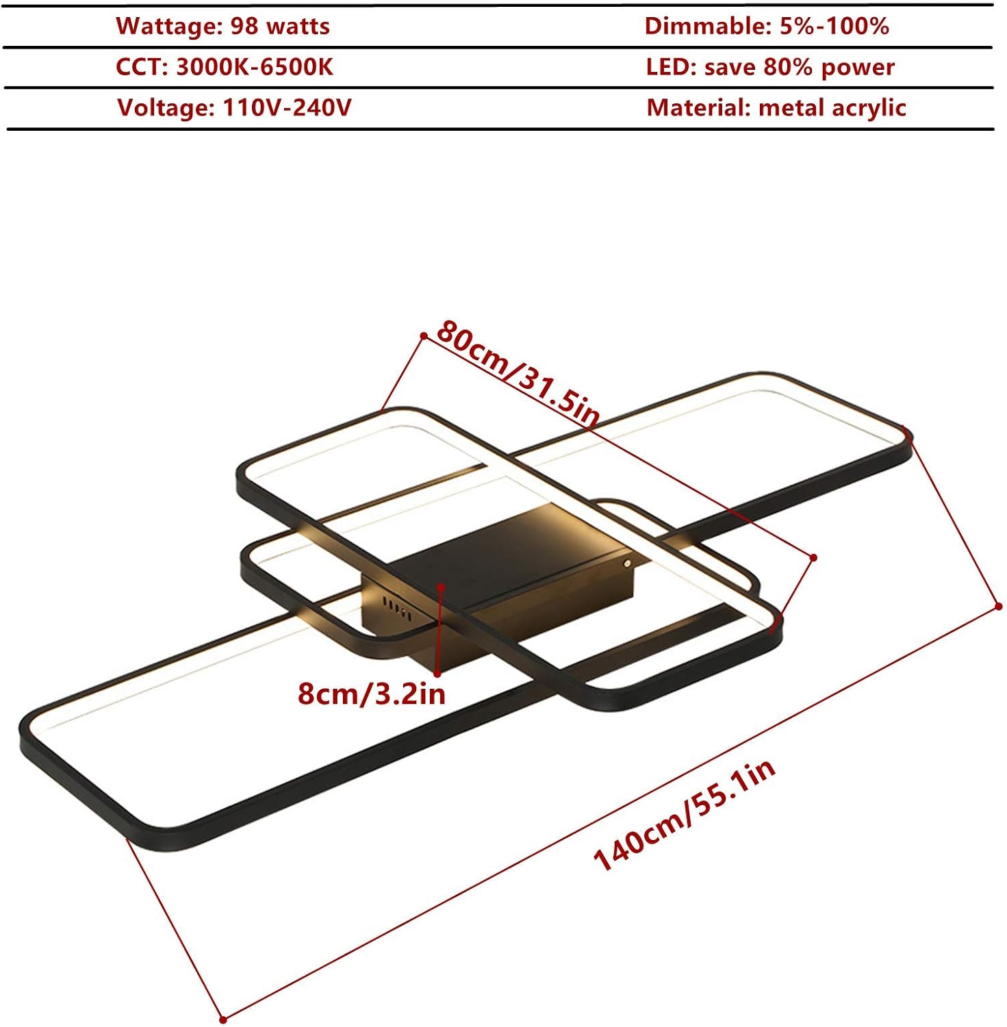 Deevin Plafoniera LED Dimmerabile Nera 140x80cm - immagine 4