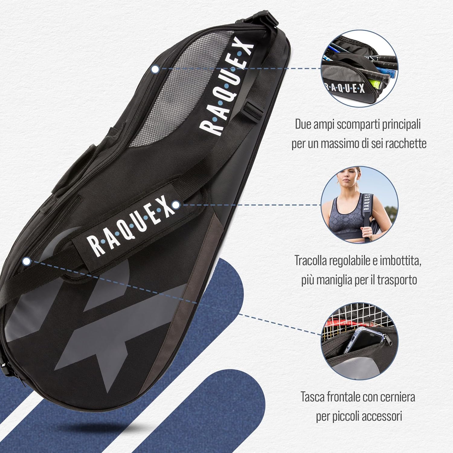 Raquex Borsa da Tennis per 6 Racchette, Blu - immagine 3