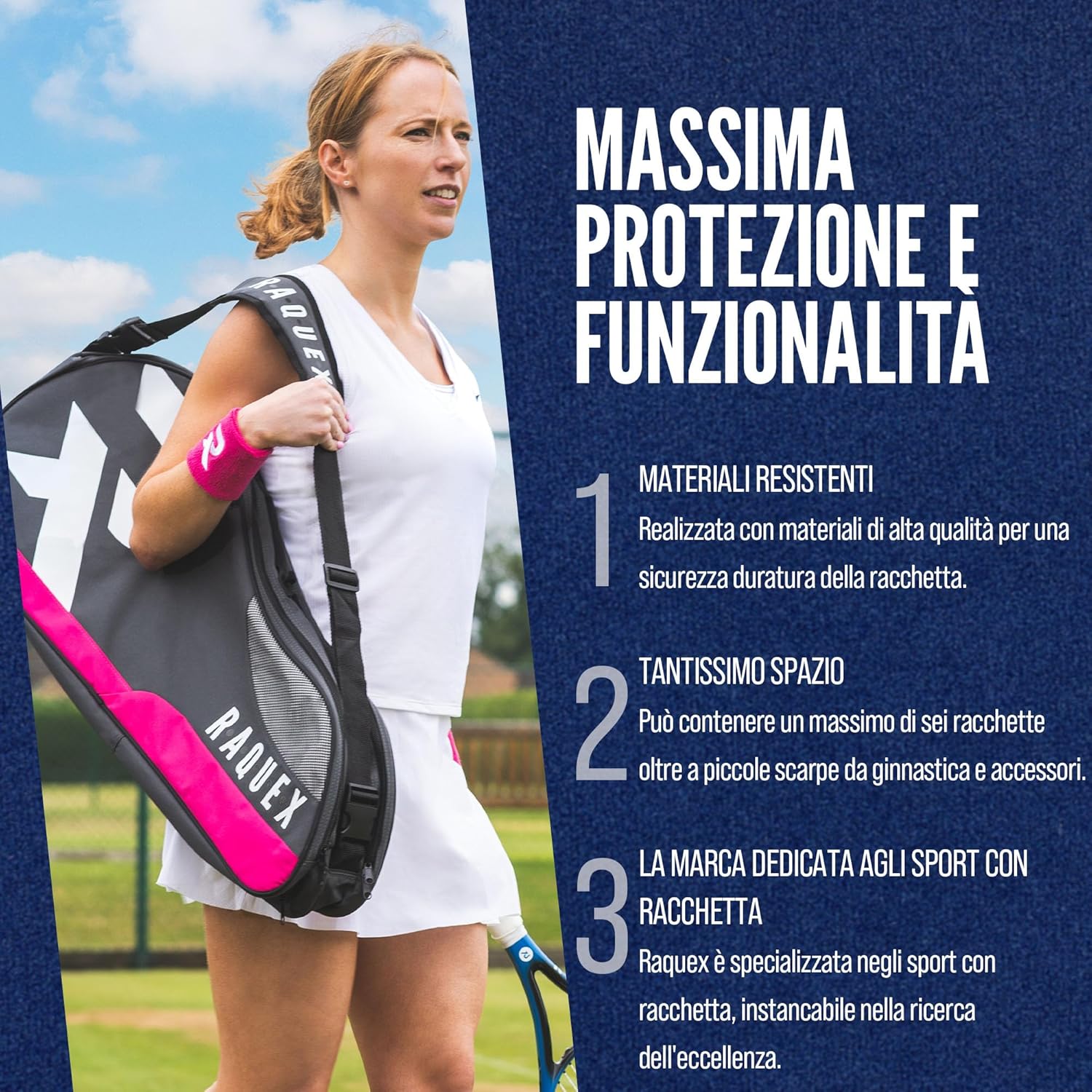 Raquex Borsa da Tennis per 6 Racchette, Blu - immagine 7