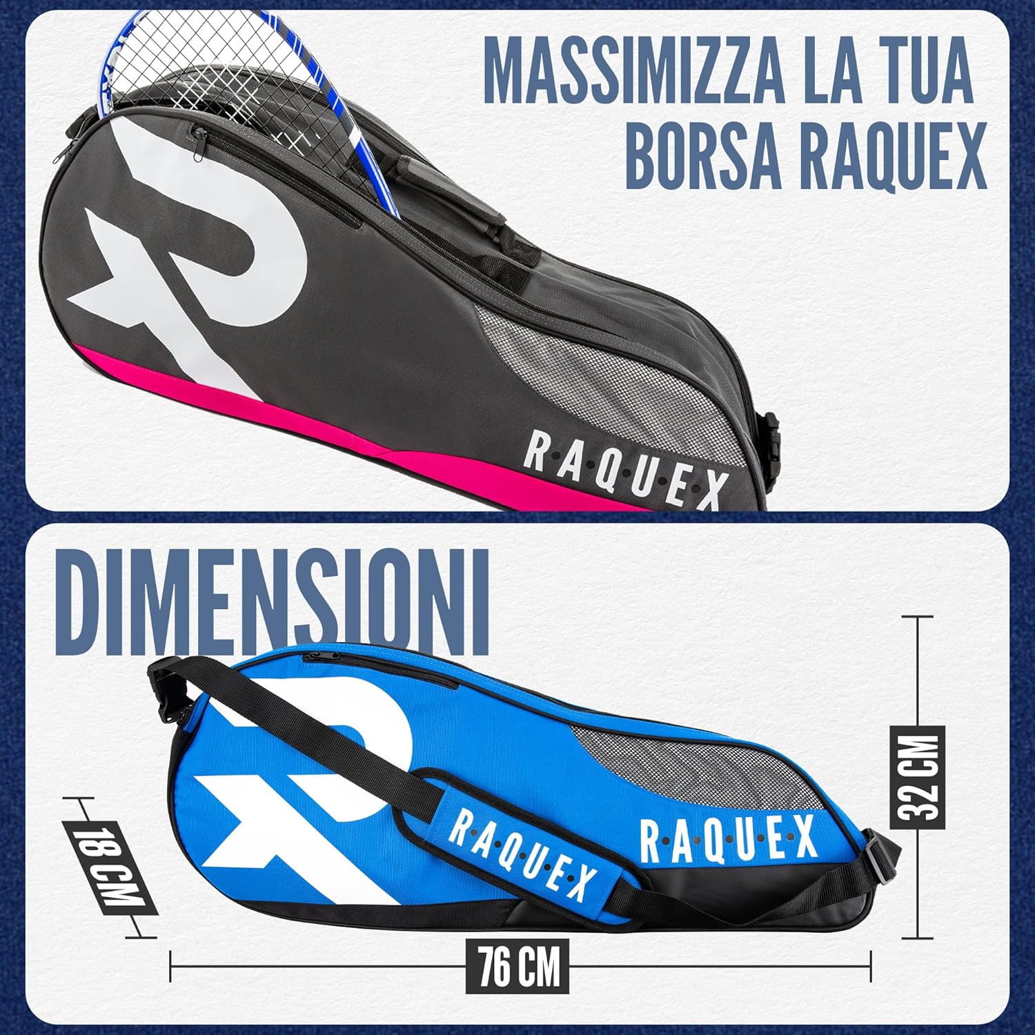 Raquex Borsa da Tennis per 6 Racchette, Blu - immagine 9