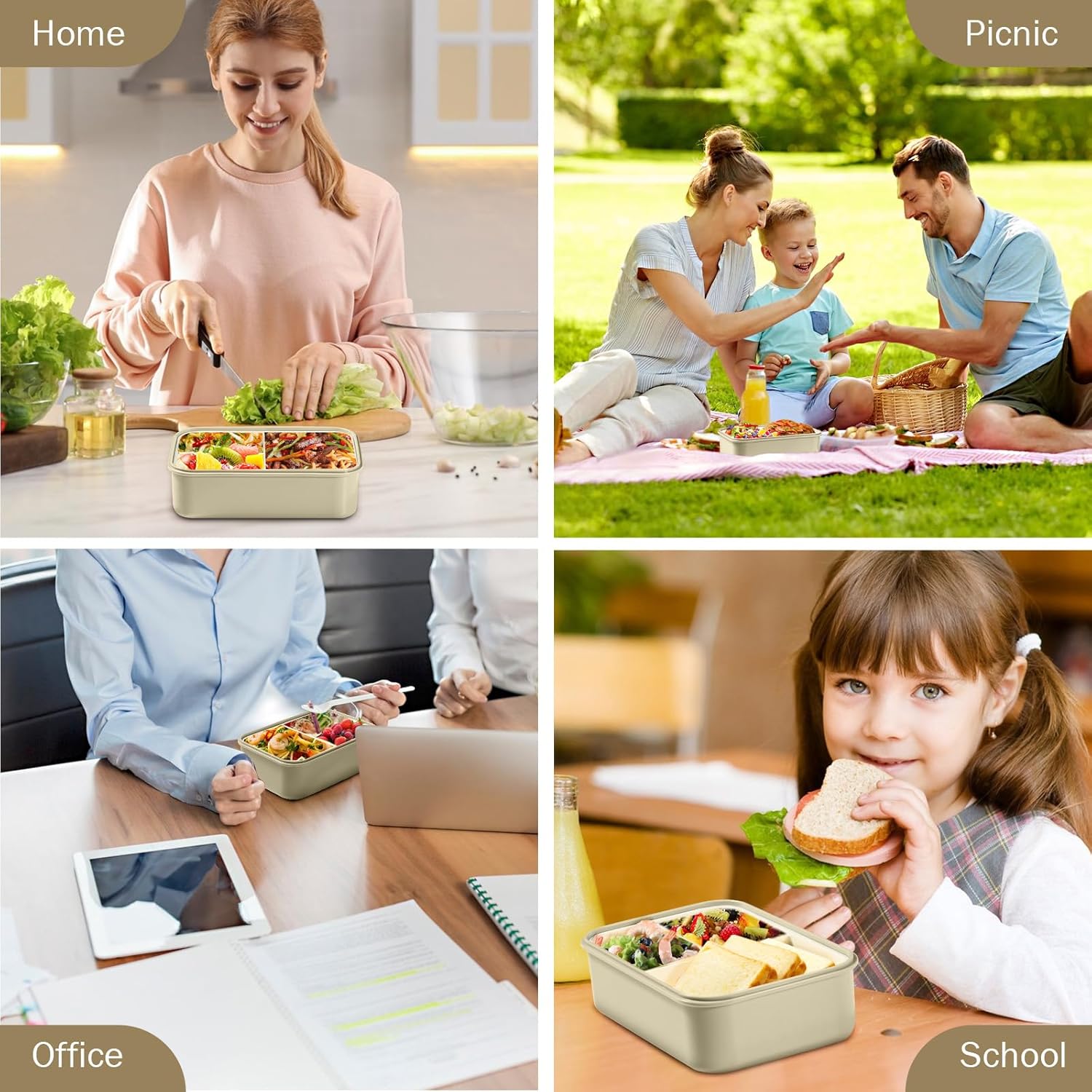 Diboniur Porta Pranzo 1400ml con Posate, Khaki - immagine 2