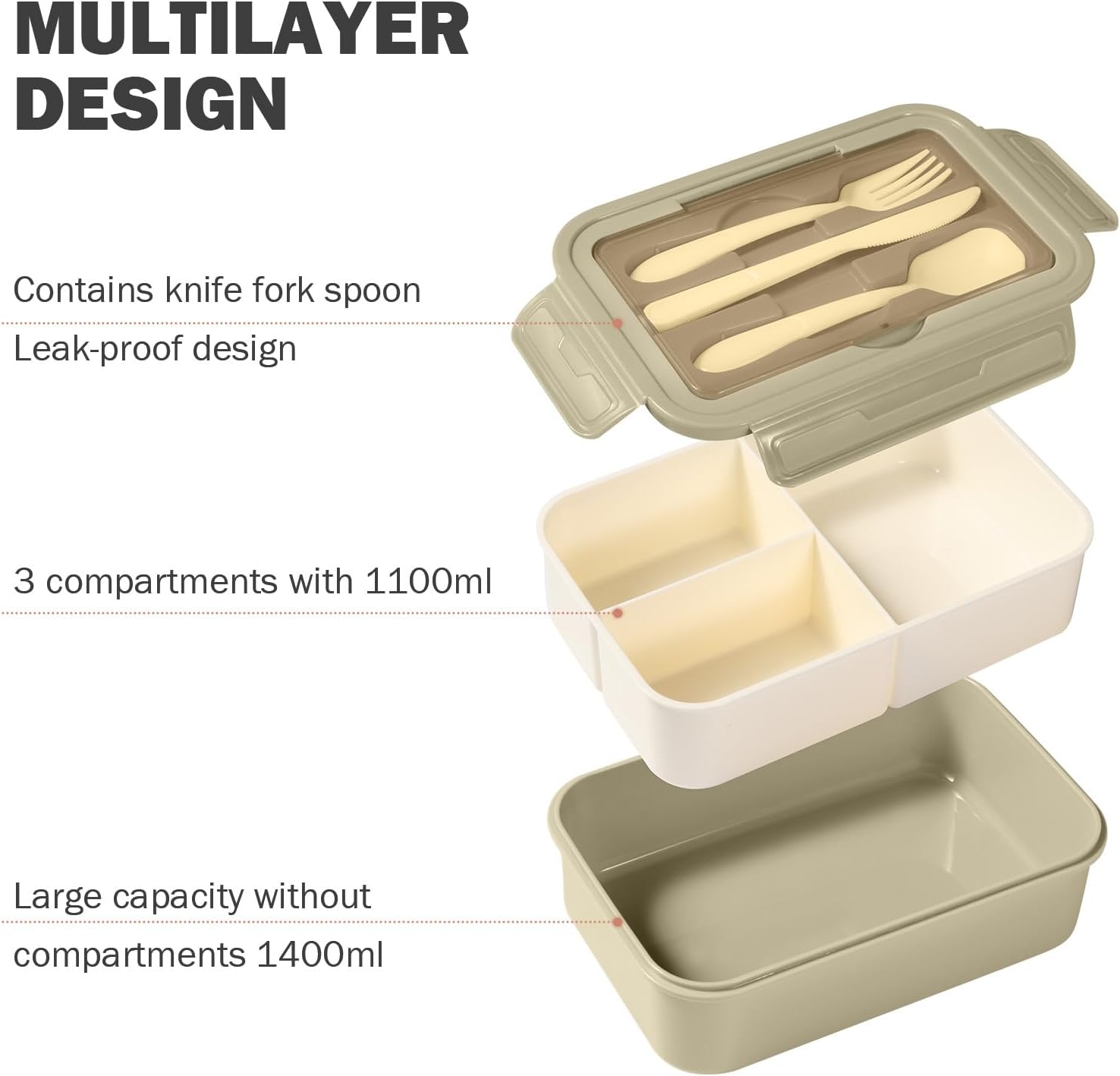 Diboniur Porta Pranzo 1400ml con Posate, Khaki - immagine 3