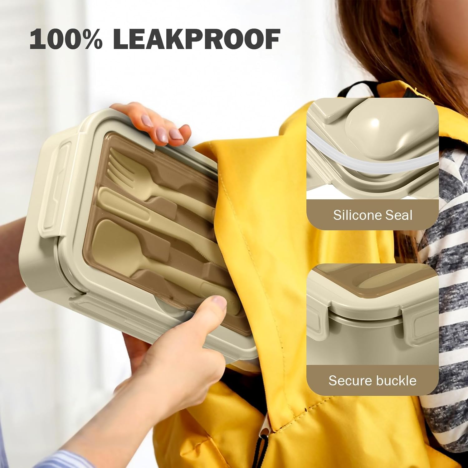 Diboniur Porta Pranzo 1400ml con Posate, Khaki - immagine 5