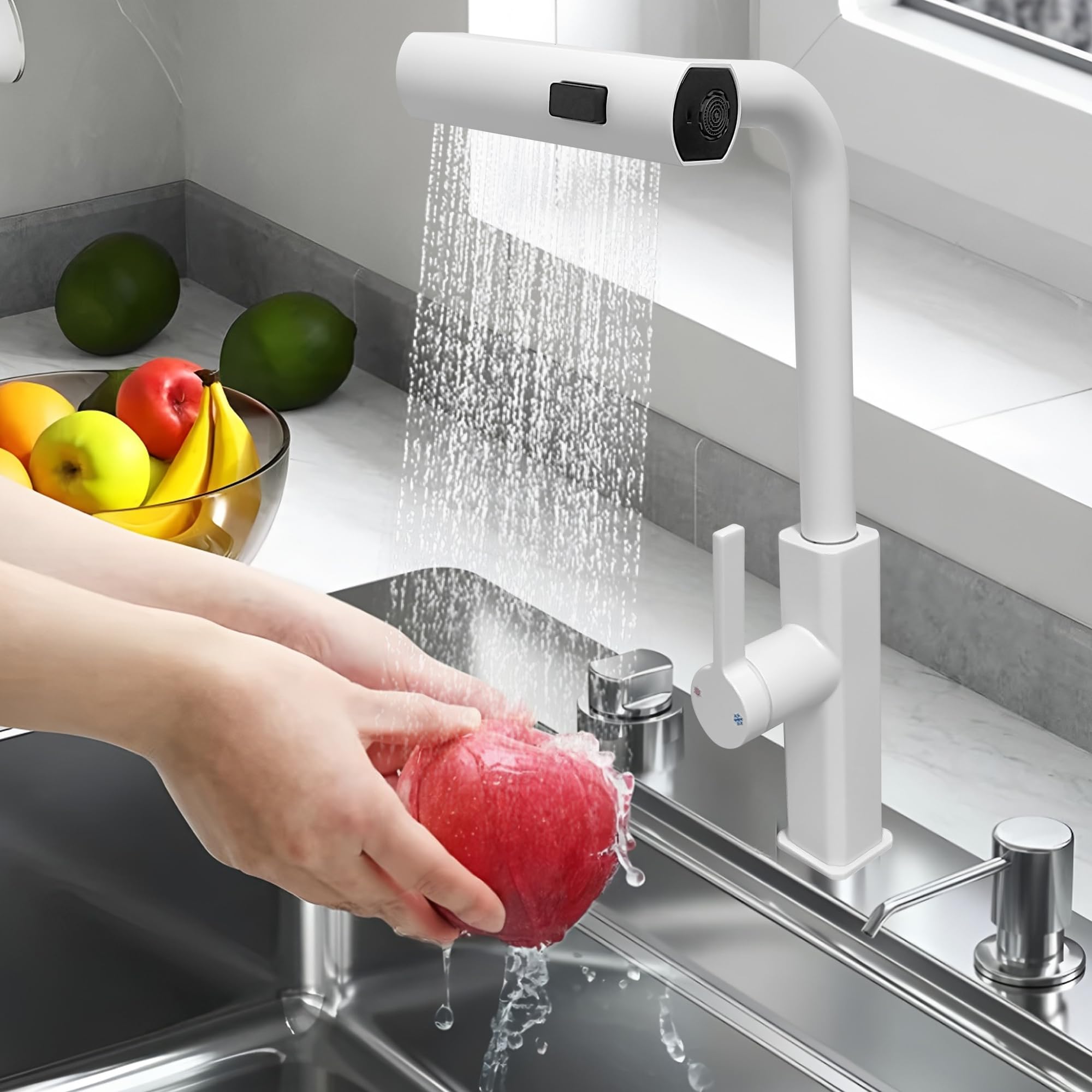 Rubinetto da cucina estraibile, da cucina e bagno, a 3 tipi di getto (bianco)