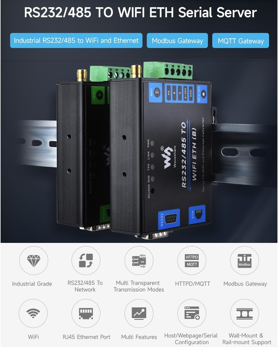 Waveshare RS232/485 to WiFi and RJ45 Ethernet Converter - immagine 2