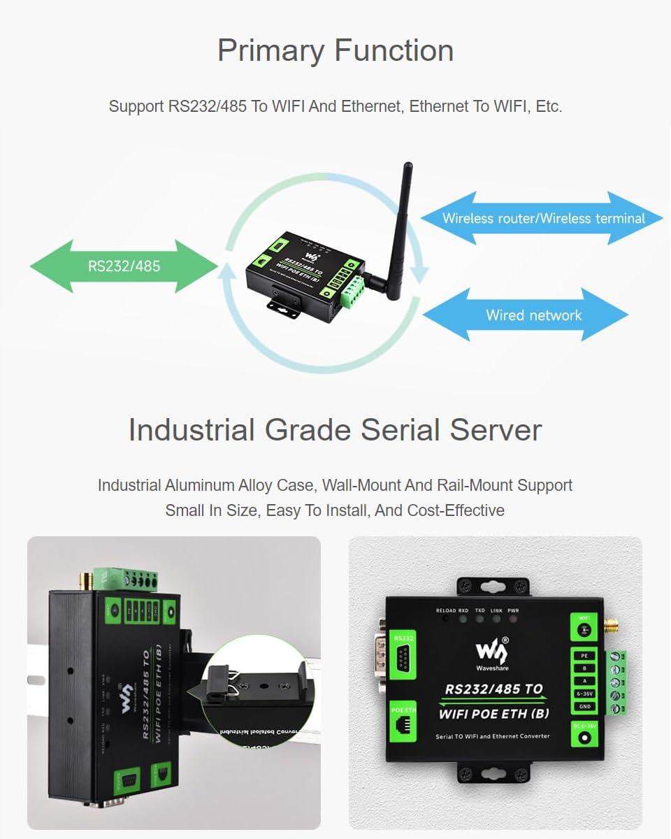 Waveshare RS232/485 to WiFi and RJ45 Ethernet Converter - immagine 3