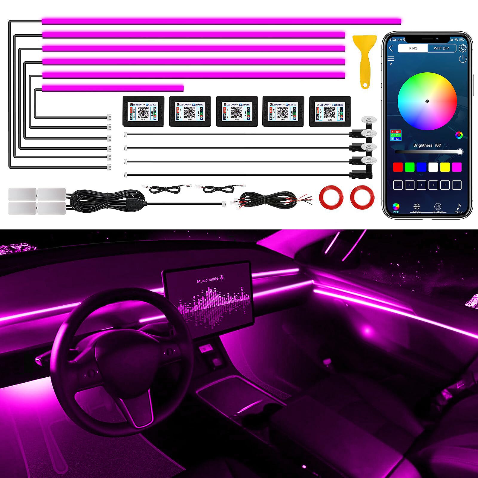 Striscia LED Acrilica per Interni Auto 14 in 1 | Twetiz | Velz