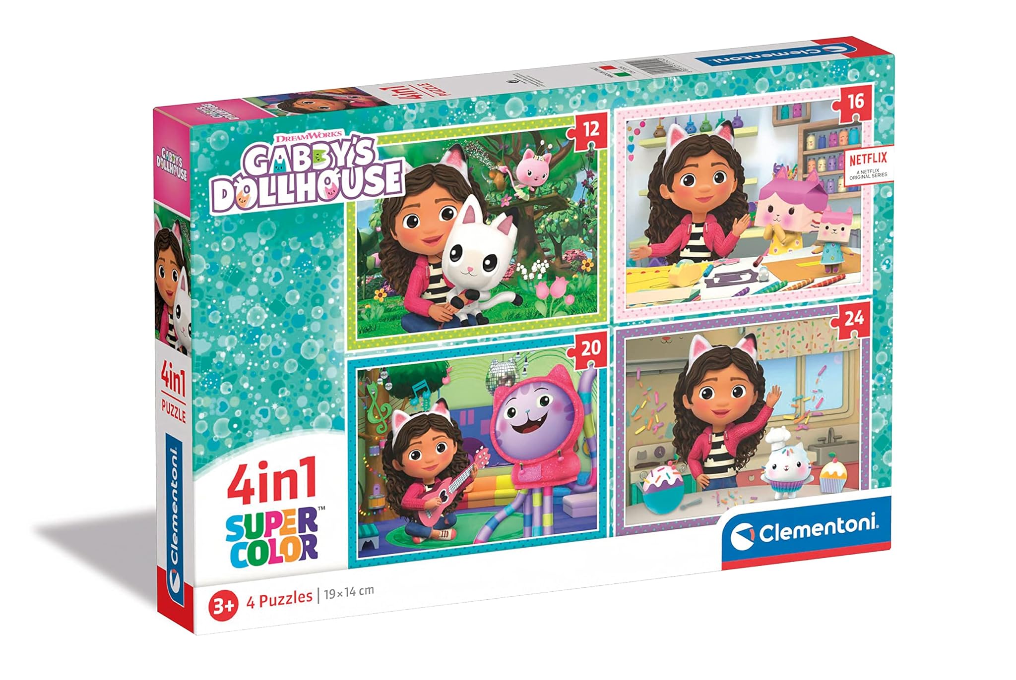 Clementoni - 21524 - Supercolor Puzzle - Gabby's Dollhouse - 4 Puzzle da 12,16,20 e 24 Pezzi - Puzzle Bambini 3 Anni, Puzzle Cartoni Animati - Made In Italy