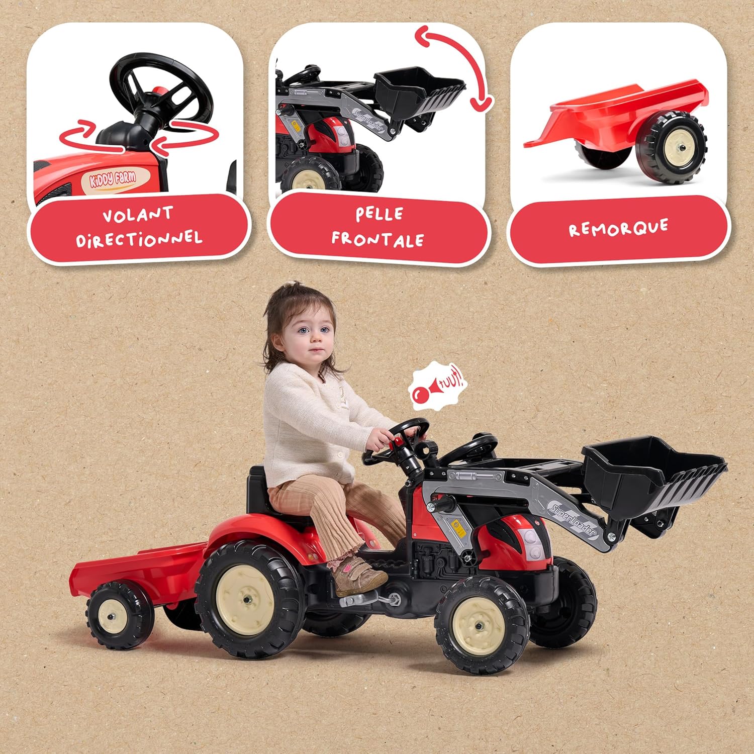 Falk Tractopala a Pedali Kiddy Farm Rosso - immagine 3