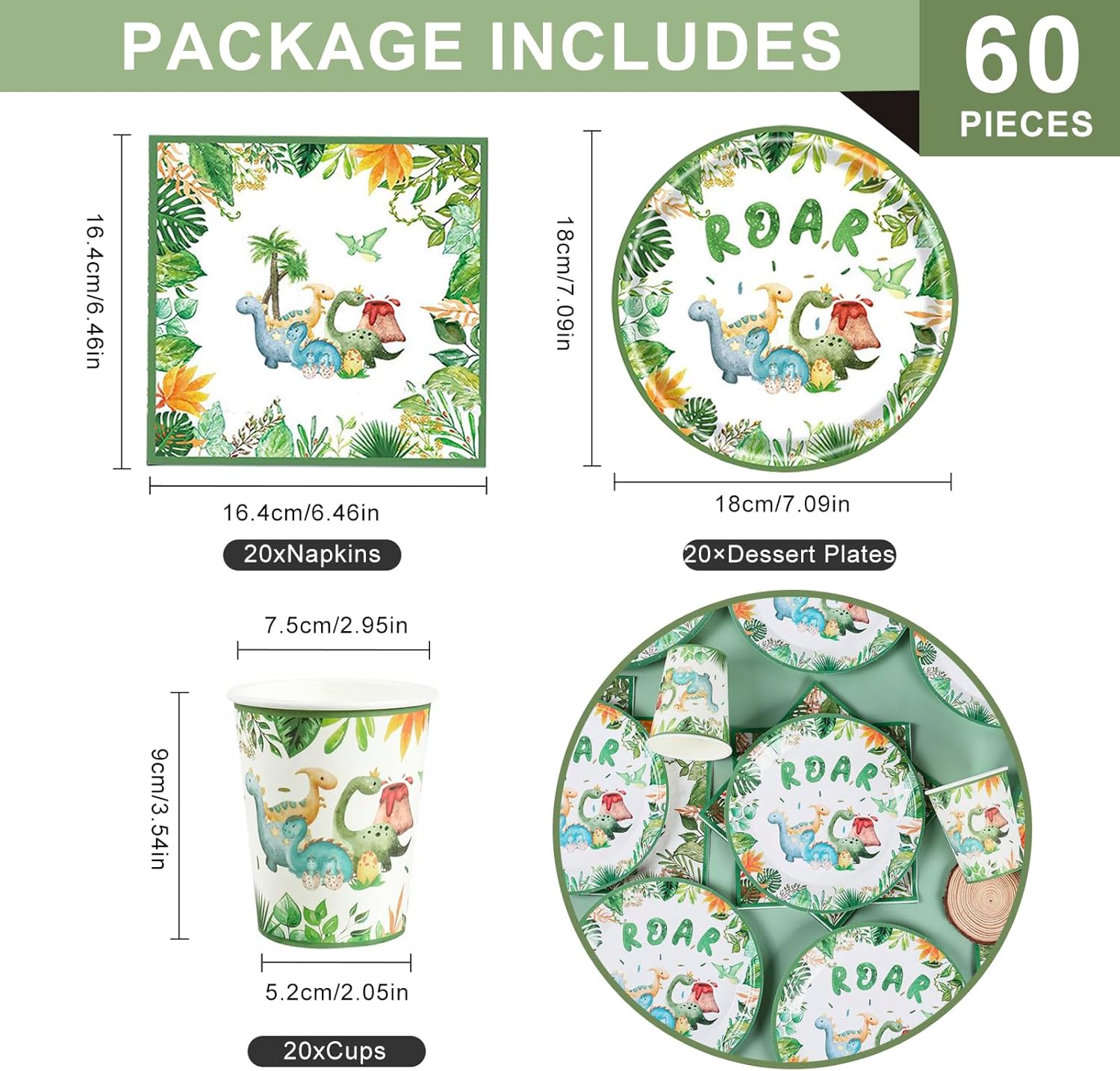 Bikasun 60 Pezzi Stoviglie per Dinosauro per 20 Ospiti - immagine 2