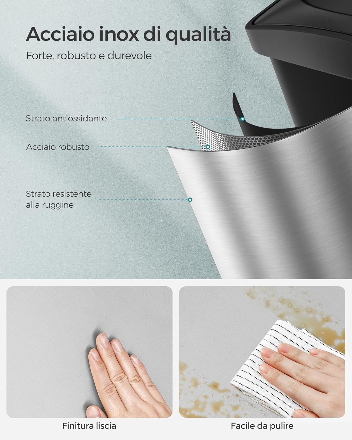 Songmics Cestino da Cucina a Pedale 45 Litri, Argento/Nero - immagine 5