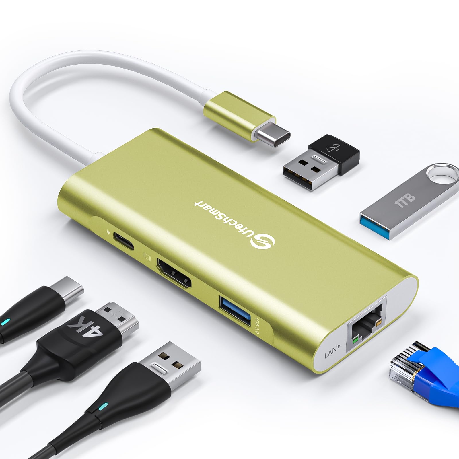 Utechsmart Hub USB-C 6 in 1 con HDMI e Ethernet 1000M, Oro