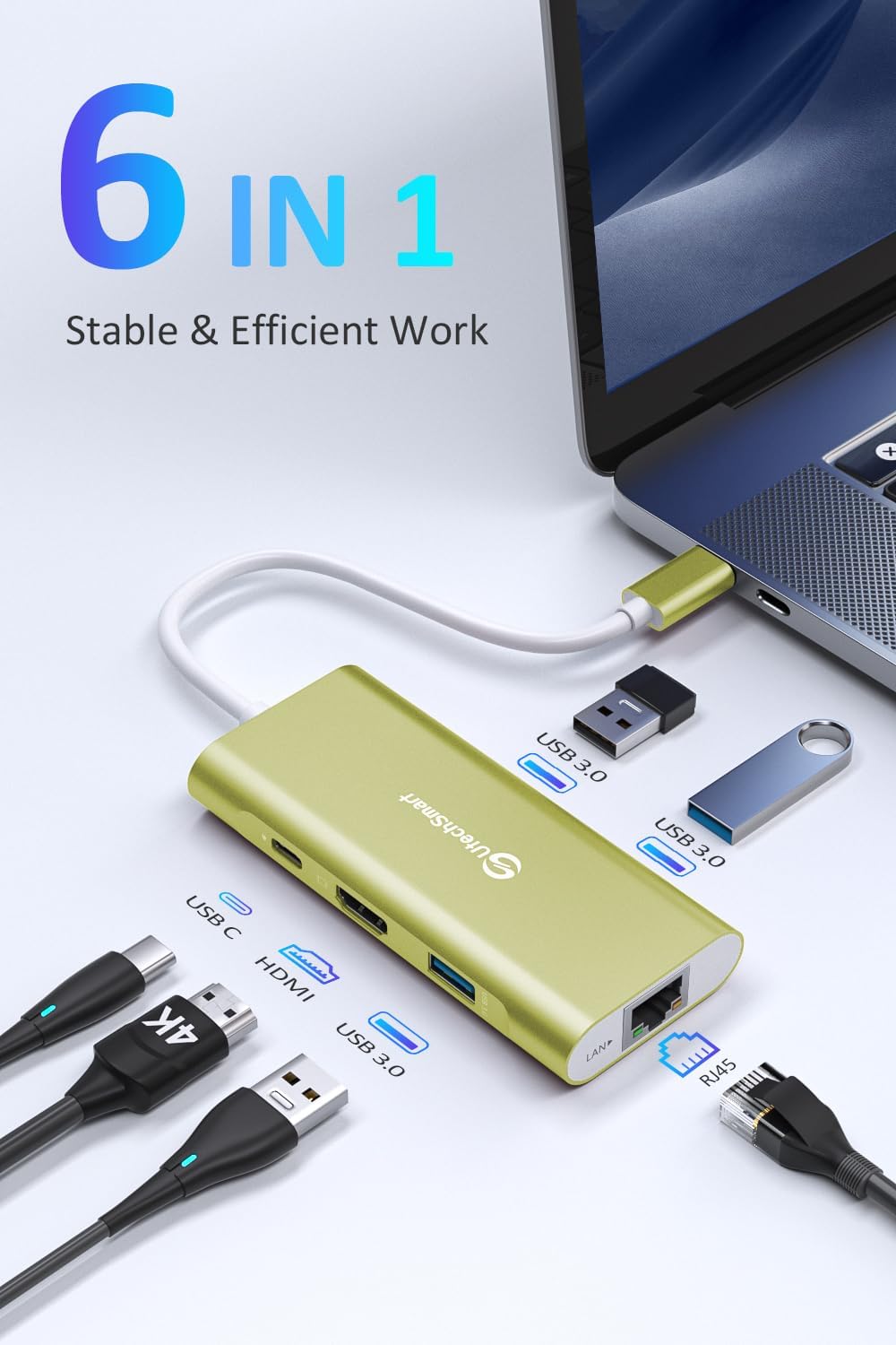 Utechsmart Hub USB-C 6 in 1 con HDMI e Ethernet 1000M, Oro - immagine 2