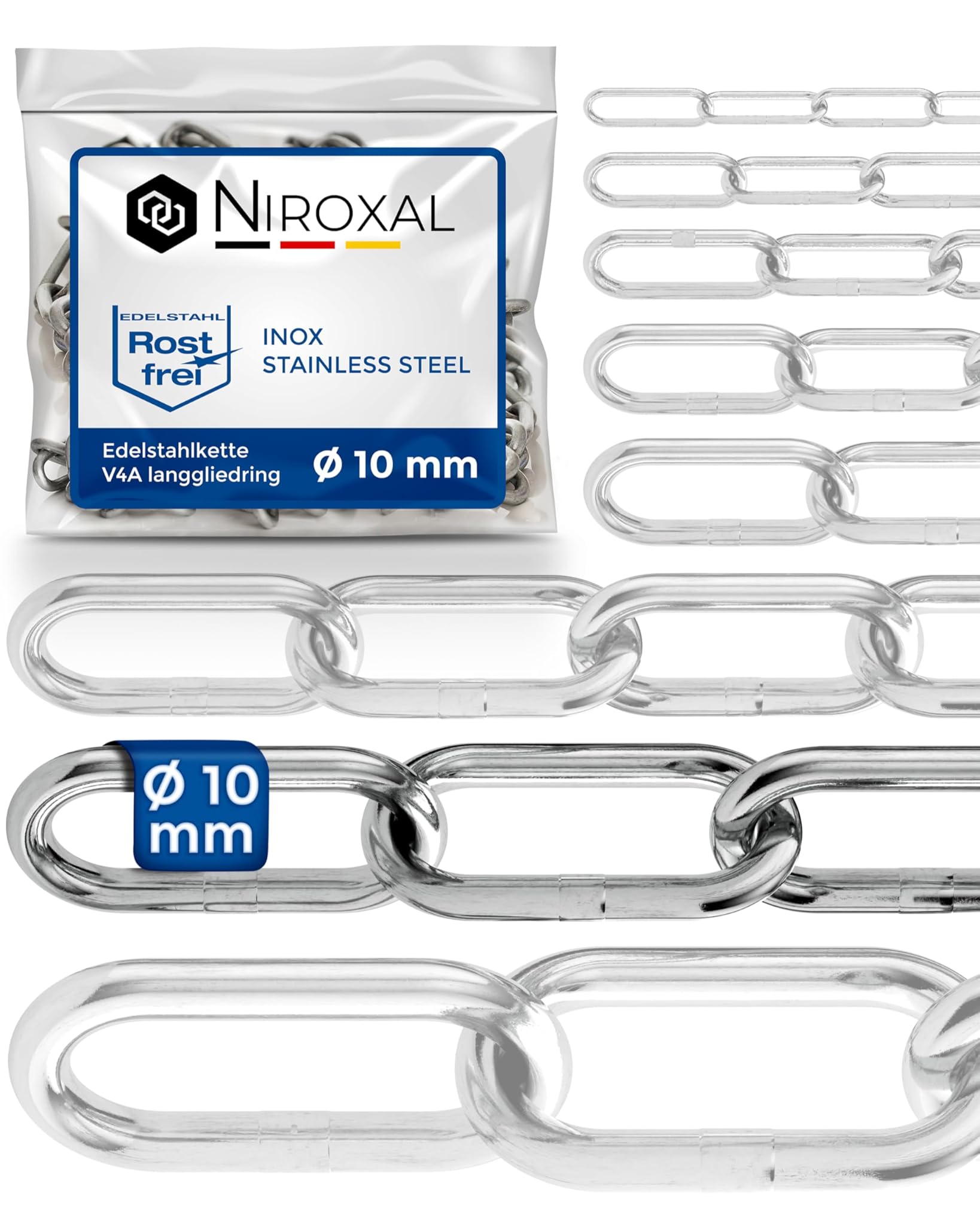 4-metri 10-mm di spessore catena in acciaio inox V4A a maglia lungo da NietFullThings in un unico pezzo catena di ancoraggio DIN 5685 DIN 763 4-m