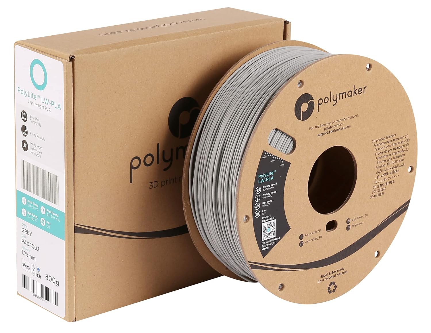 Polymaker PolyLite LW-PLA - 1.75mm - 800g - Grigio - immagine 3