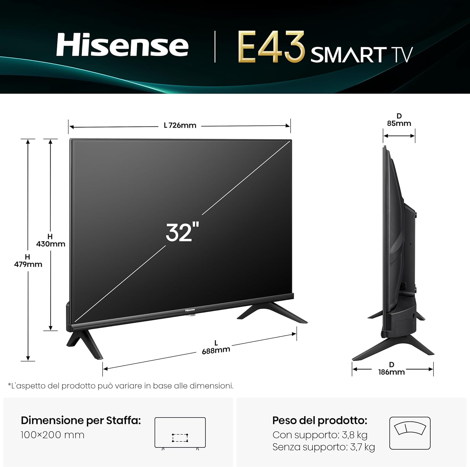 Hisense TV 32E43QT - Smart TV HD Ready 32" - immagine 2
