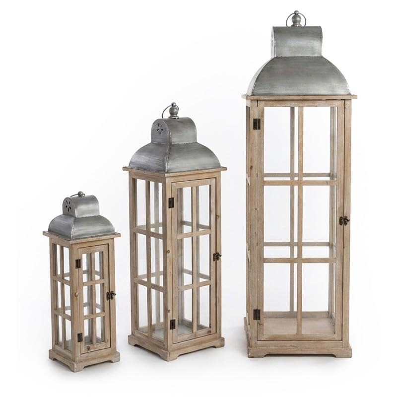 Set 3 Lanterne in Legno e Metallo Naturale/Grigio 110cm