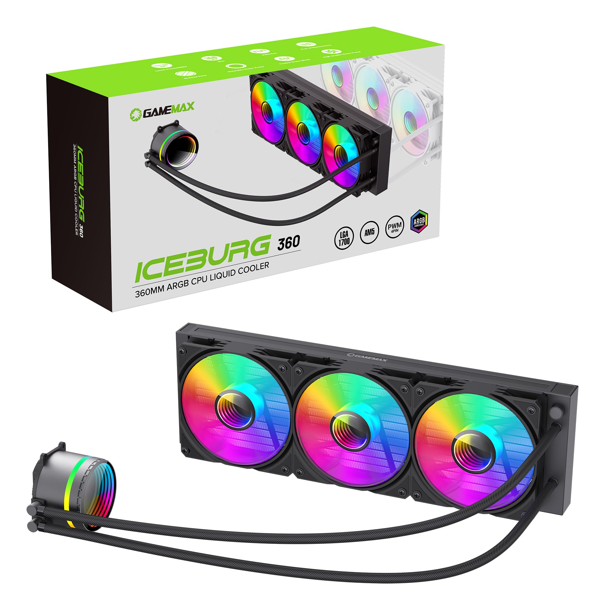 Gamemax Iceburg 360mm ARGB CPU Liquid Cooler, Nero