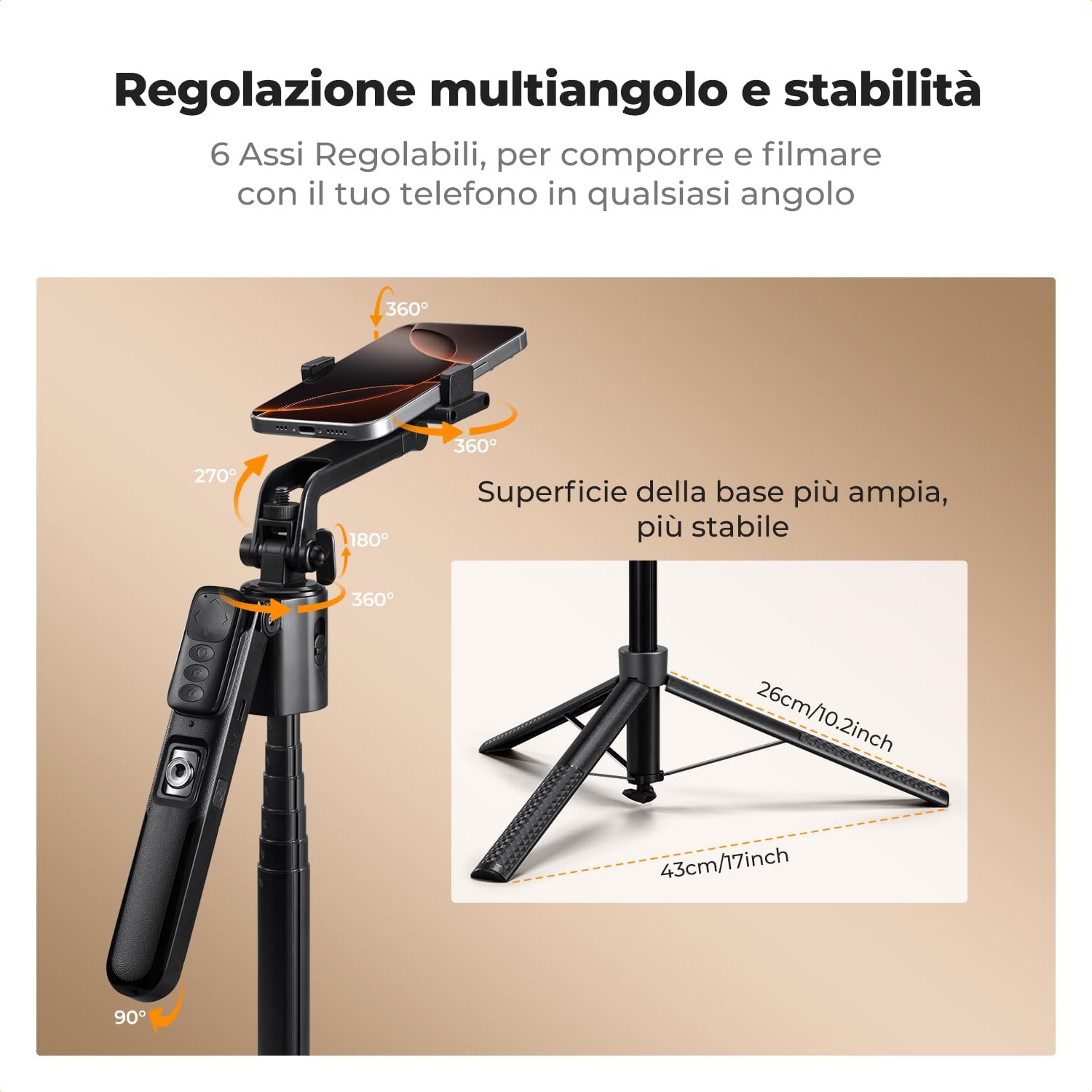 K&f Concept Bastone Selfie 180CM con Treppiede AI 360° - immagine 5