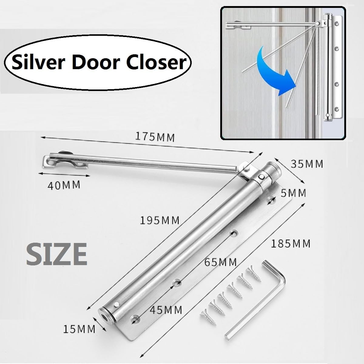 Chiudiporta Automatico Regolabile a Molla, Argentato - immagine 2