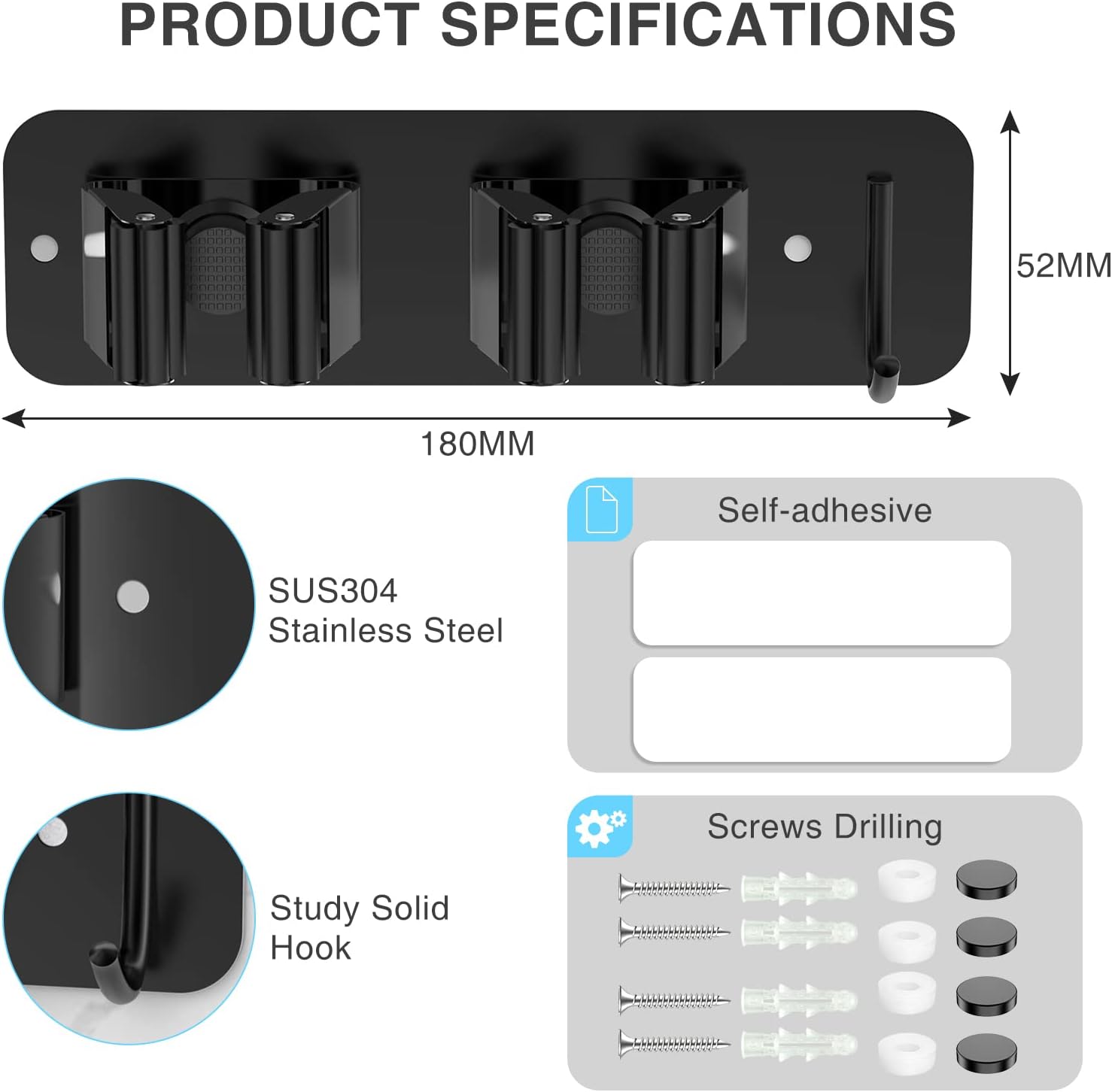 Porta Scope Parete 2 Pezzi in Acciaio Inox, Nero - immagine 6