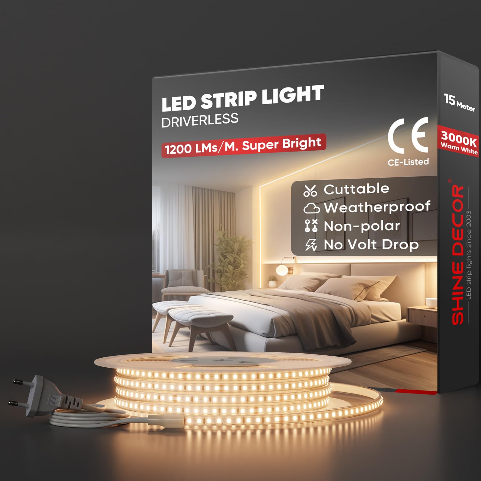 Shine Decor Striscia LED 15m IP65 Impermeabile, Bianco Caldo