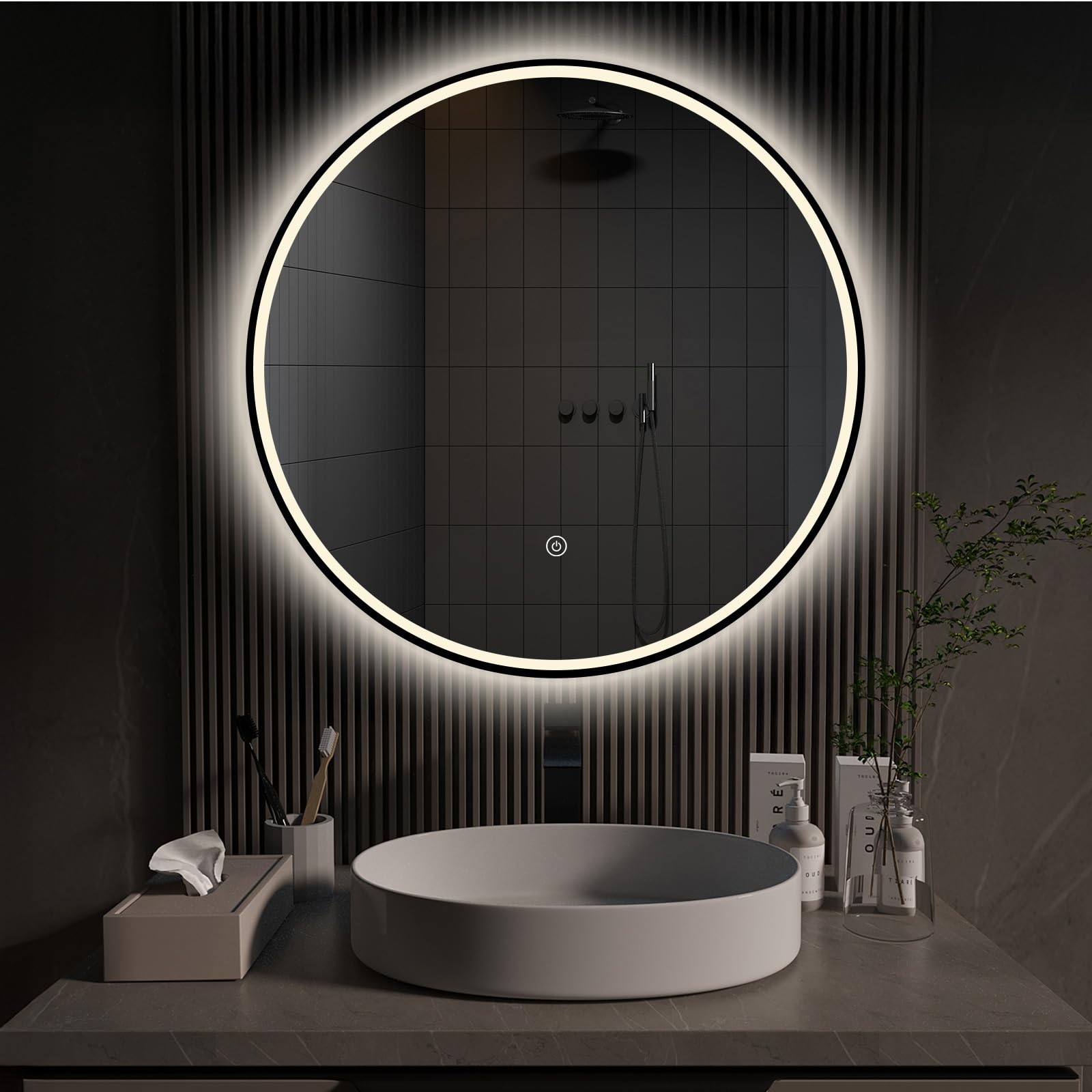 Specchio da Bagno Rotondo 60cm con LED, Nero