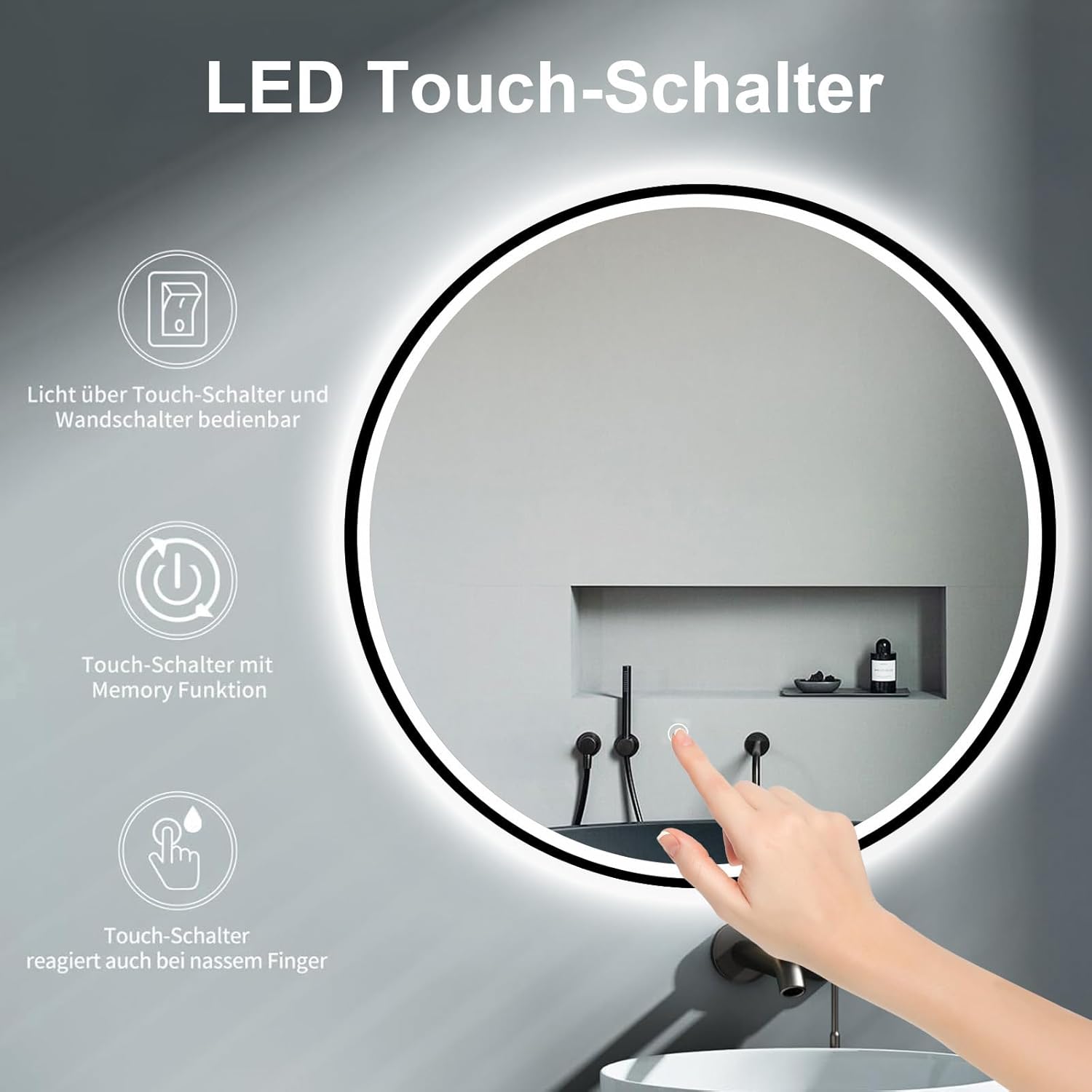 Specchio da Bagno Rotondo 60cm con LED, Nero - immagine 2