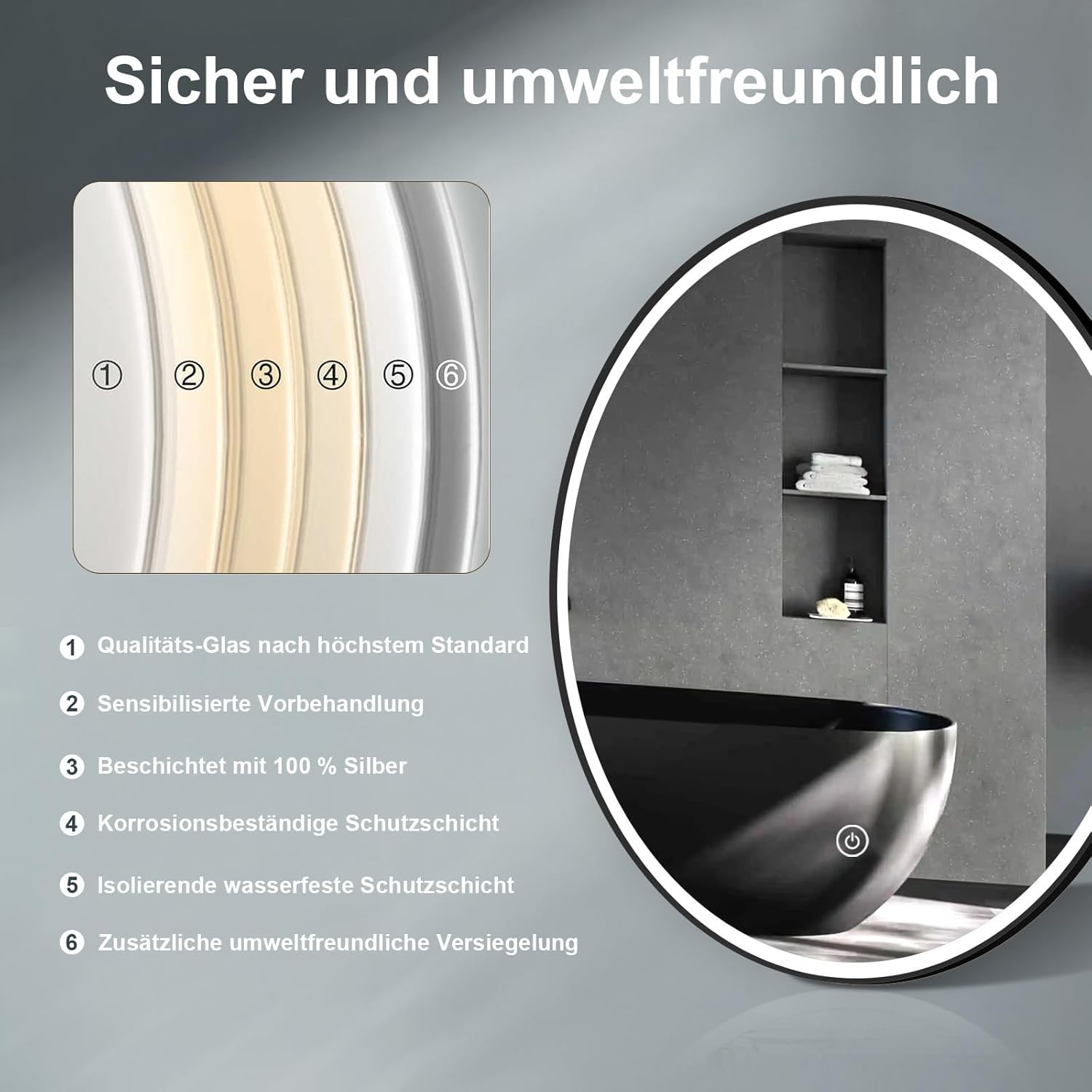 Specchio da Bagno Rotondo 60cm con LED, Nero - immagine 3