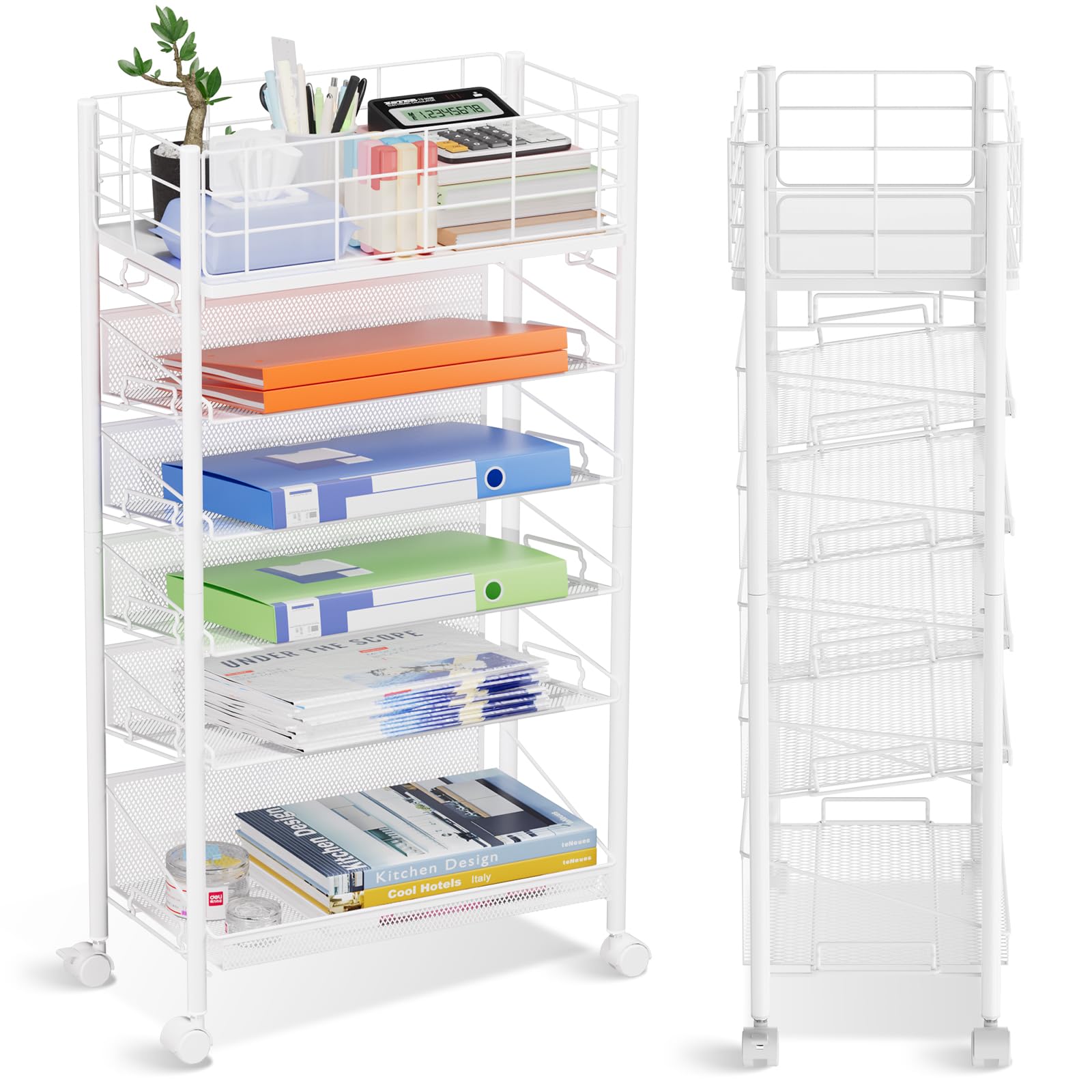 Carrello Portadocumenti Ufficio 6 Ripiani con Ruote, Bianco