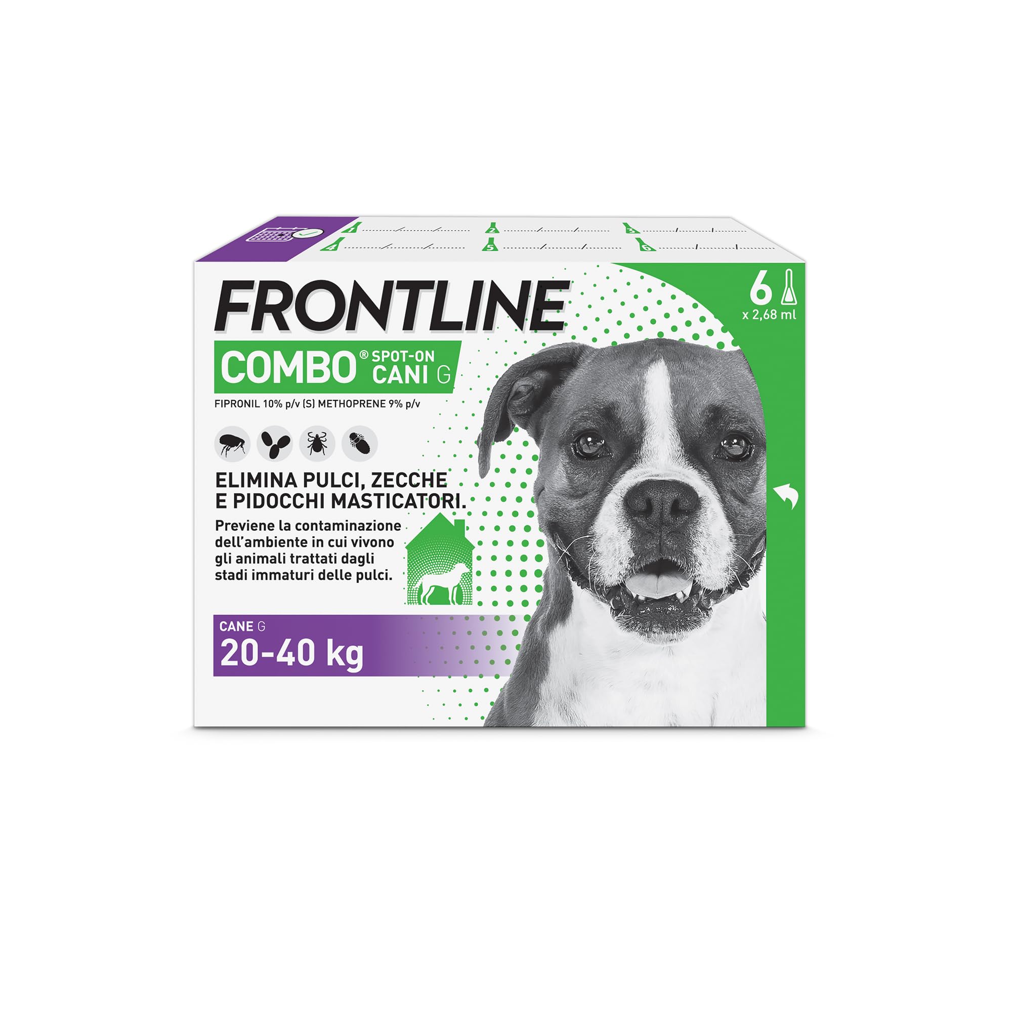 FRONTLINE Combo, 3+3 Pipette, Cane Taglia L (20-40 kg), Antiparassitario per Cani e Cuccioli di Lunga Durata, Protegge il Cane e Anche la Casa da Pulci, Zecche, Uova e Larve, Antipulci 6 Pipette